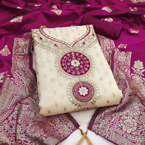 Cream & Wine Shimmer Dress Material Featuring Intricate Zari Weaving With Cording Embroidery