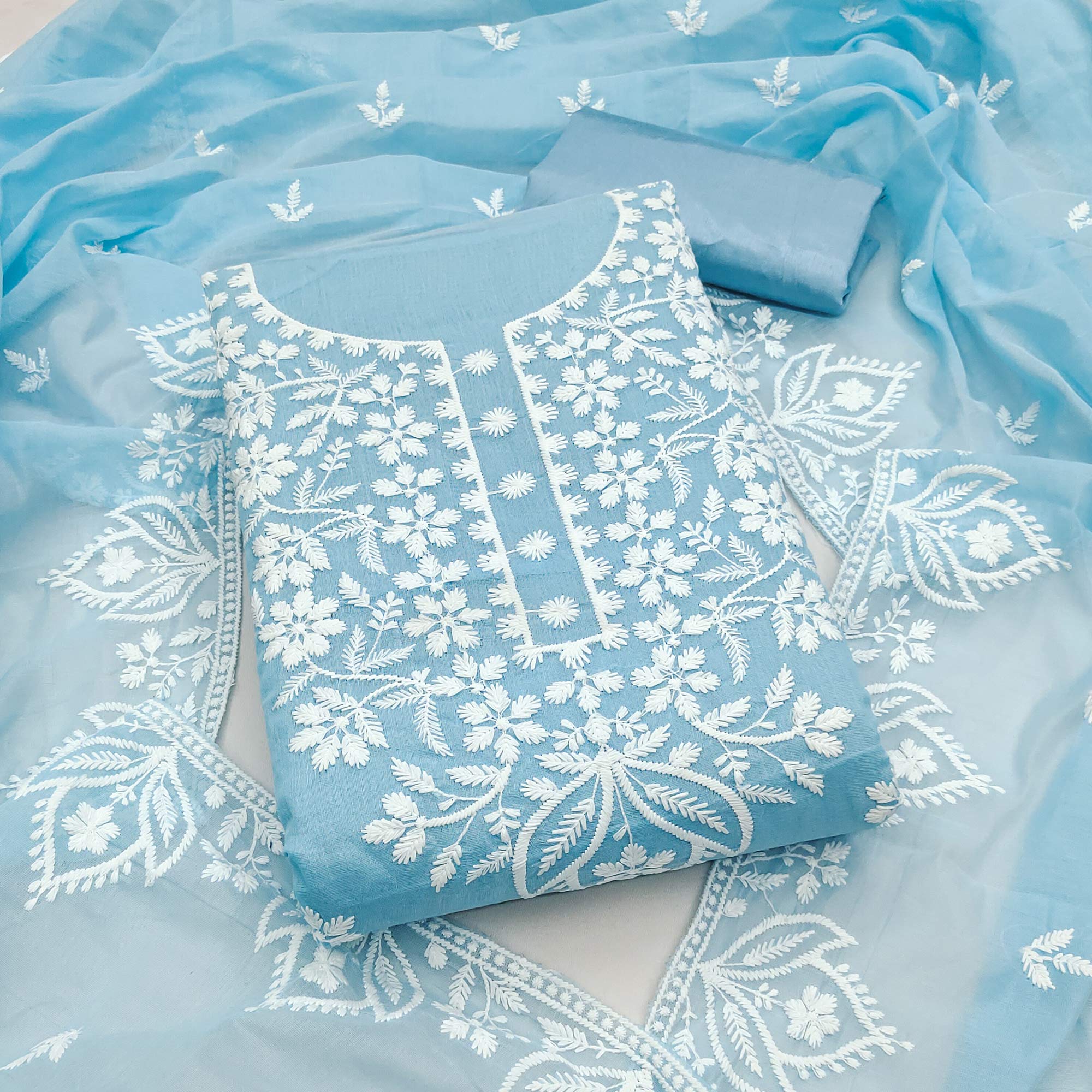 Designer Blue Floral Thread Embroidered Chanderi Cotton Dress Material