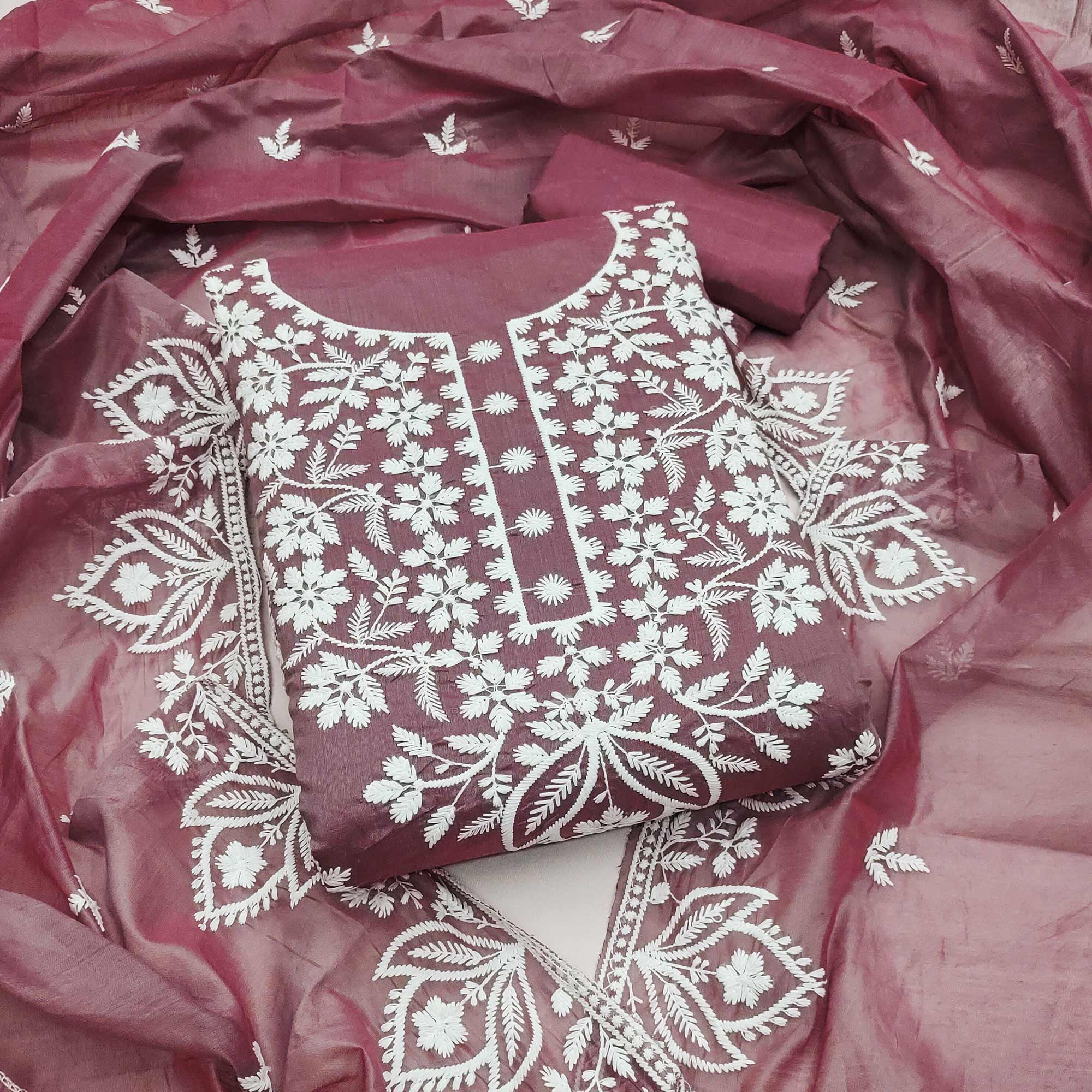 Designer Mauve Floral Thread Embroidered Chanderi Cotton Dress Material