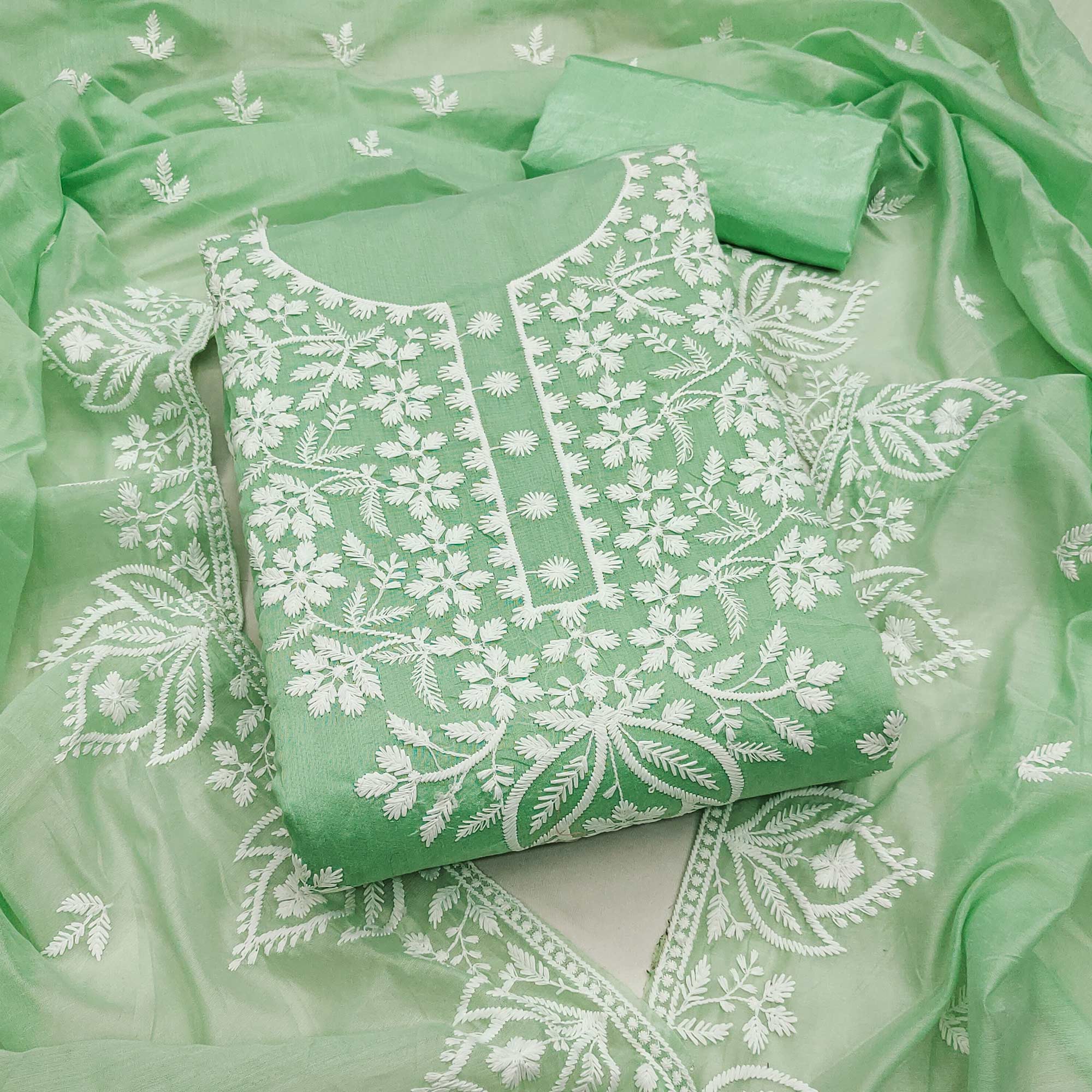 Designer Sea Green Floral Thread Embroidered Chanderi Cotton Dress Material