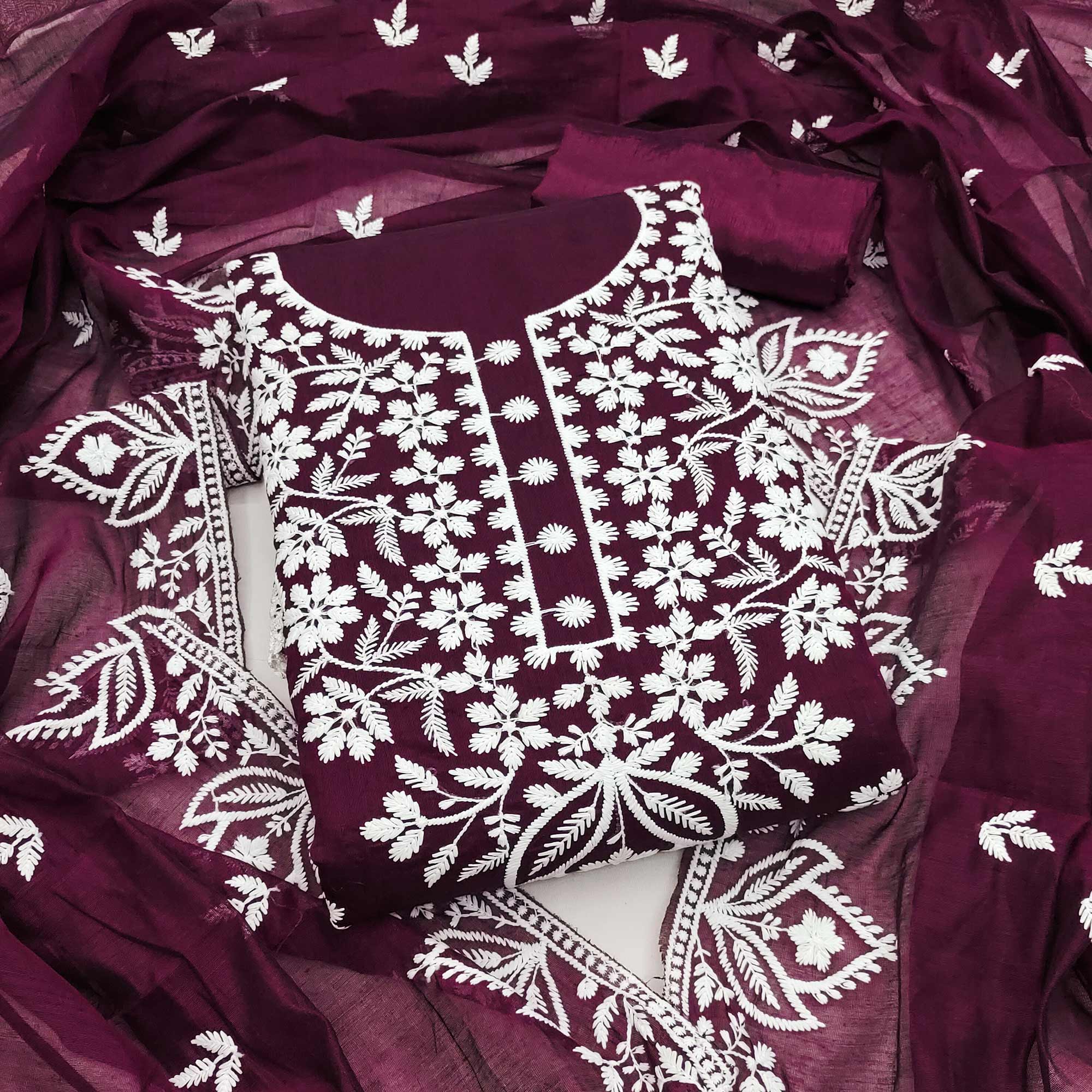 Designer Wine Floral Thread Embroidered Chanderi Cotton Dress Material