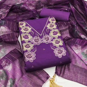 Ethnic Purple Floral Thread Embroidered Roman Cotton Silk Dress Material With Subtle Sequins Work