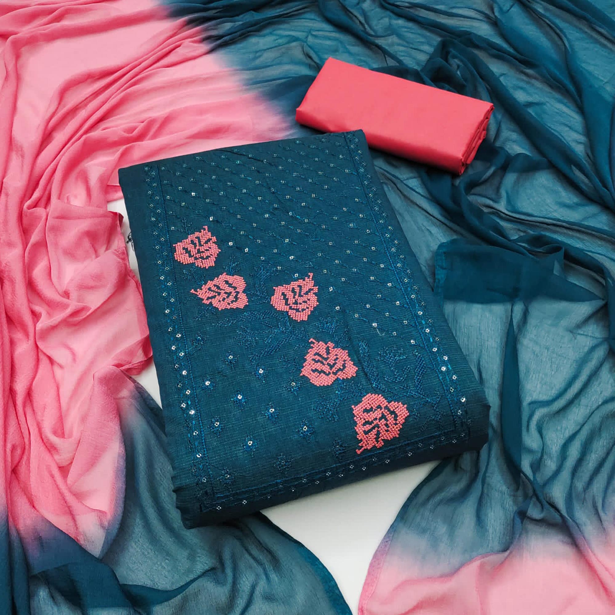 Morpich Blue Cotton Blend Dress Material Featuring Thread Embroidery & Sequins Embellishment