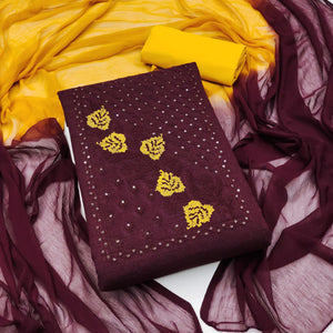 Wine Cotton Blend Dress Material Featuring Thread Embroidery & Sequins Embellishment
