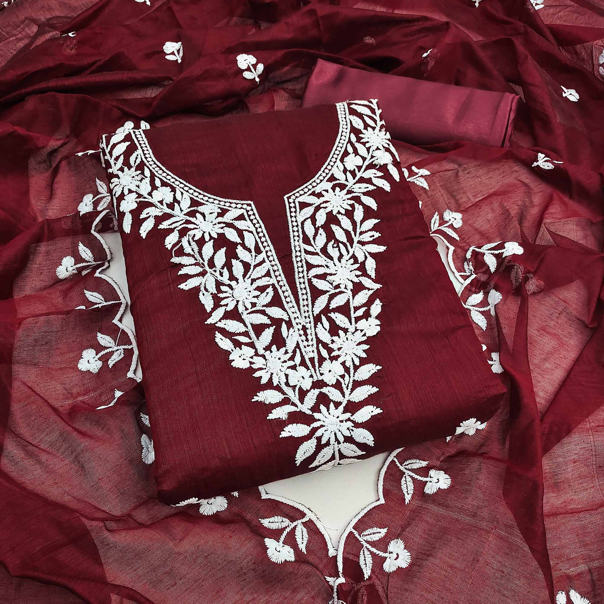 Maroon Chanderi Cotton Dress Material With Delicate Floral Thread Embroidery