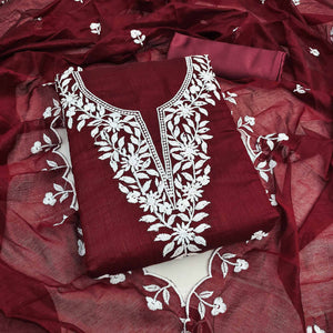 Maroon Chanderi Cotton Dress Material With Delicate Floral Thread Embroidery