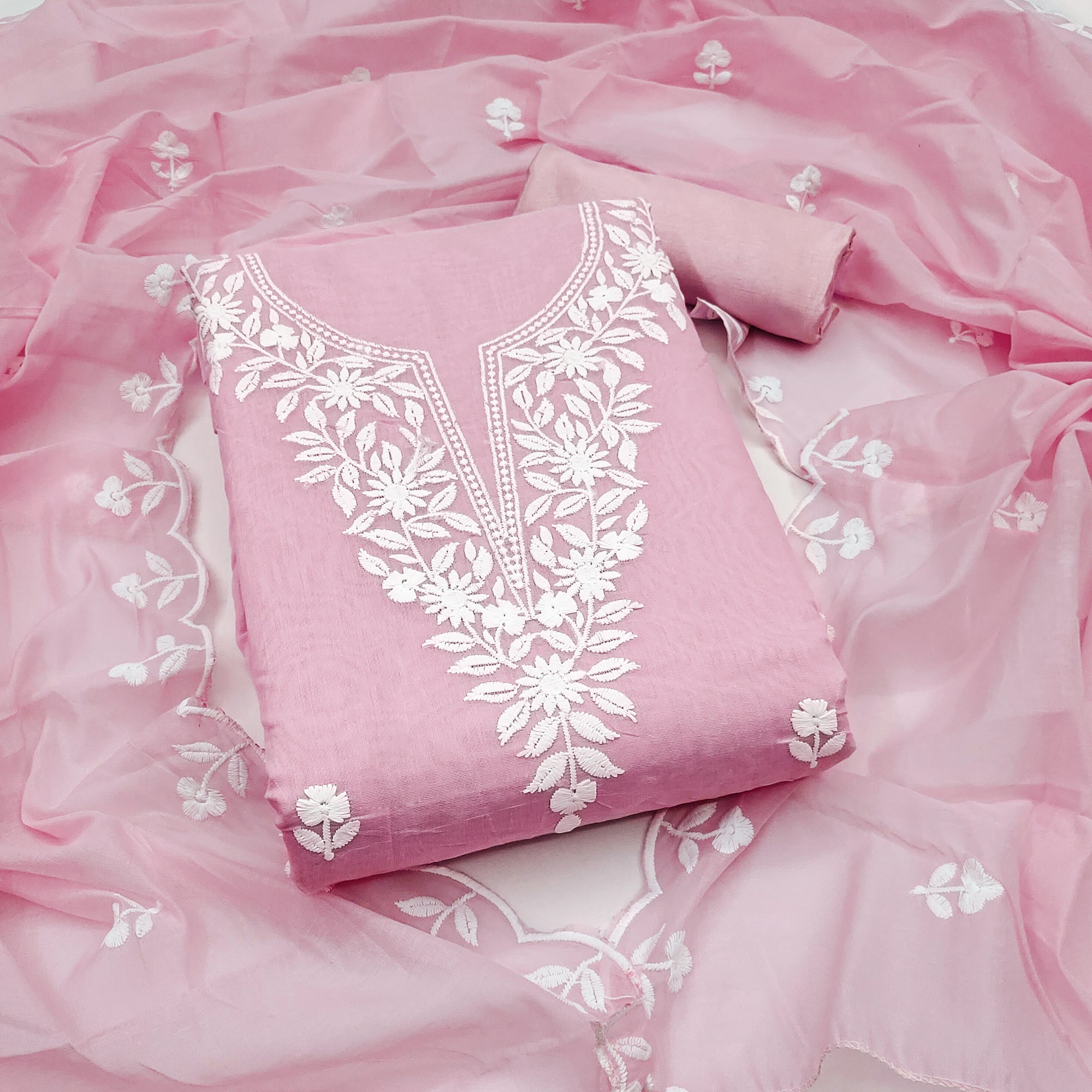 Pink Chanderi Cotton Dress Material With Delicate Floral Thread Embroidery