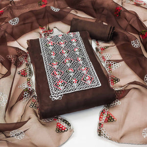 Brown Floral Embroidered Organza Dress Material