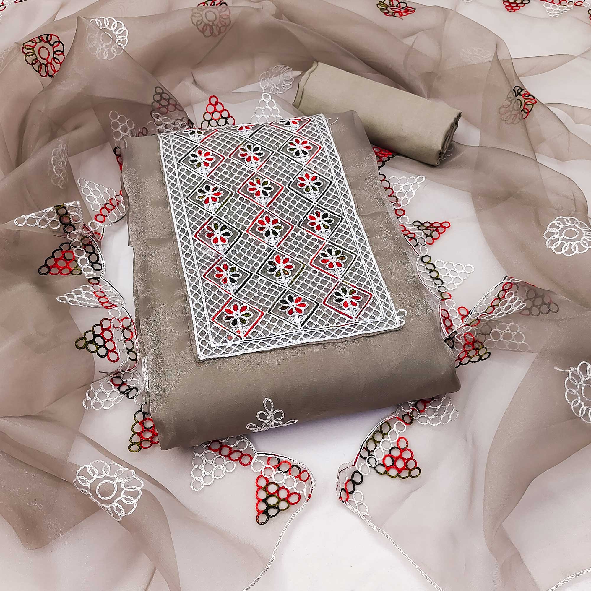 Grey Floral Embroidered Organza Dress Material
