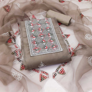 Grey Floral Embroidered Organza Dress Material