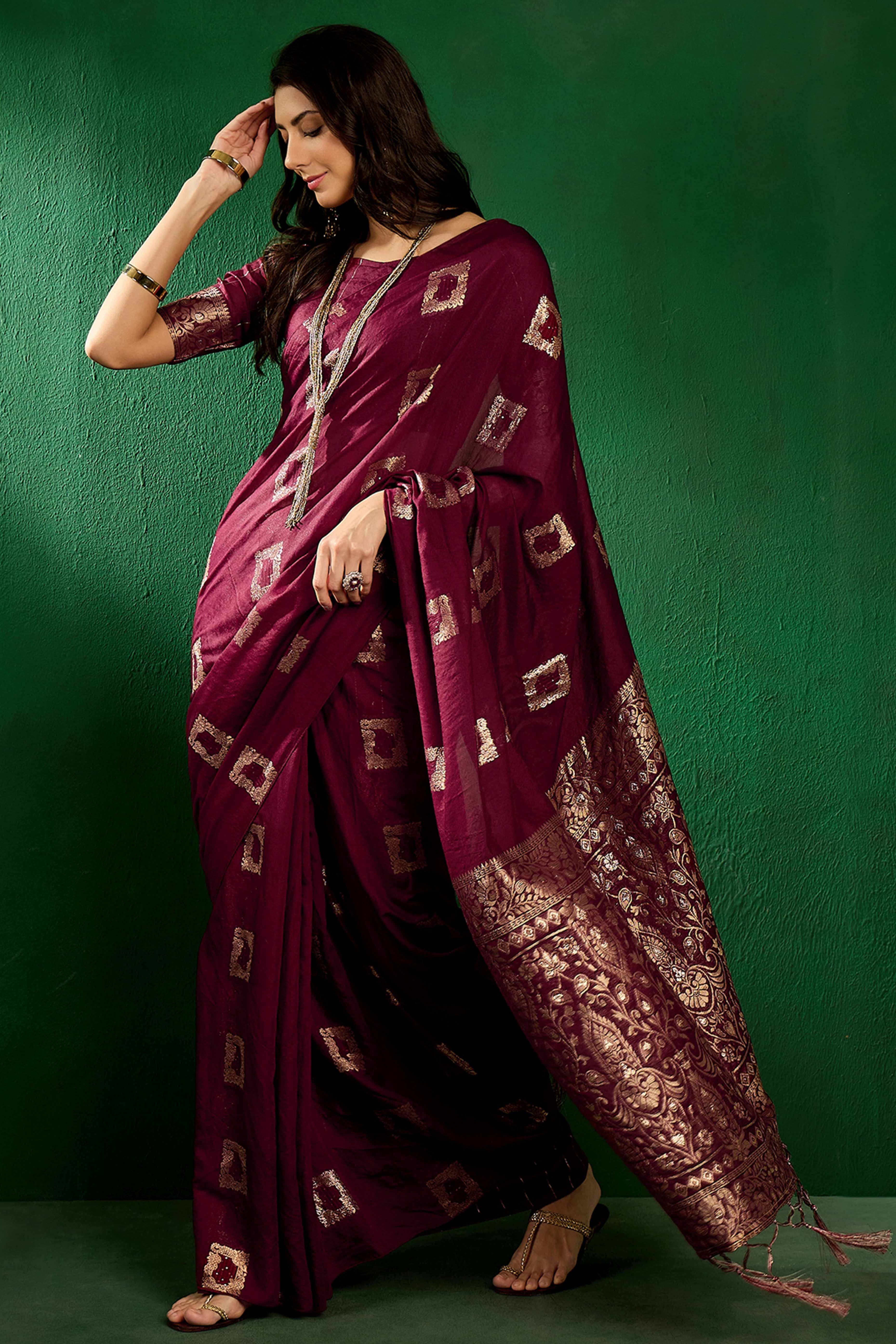 Dark Wine Woven Staple Cotton Blend Saree With Intricate Floral Motifs & Tassel-Embellished Pallu