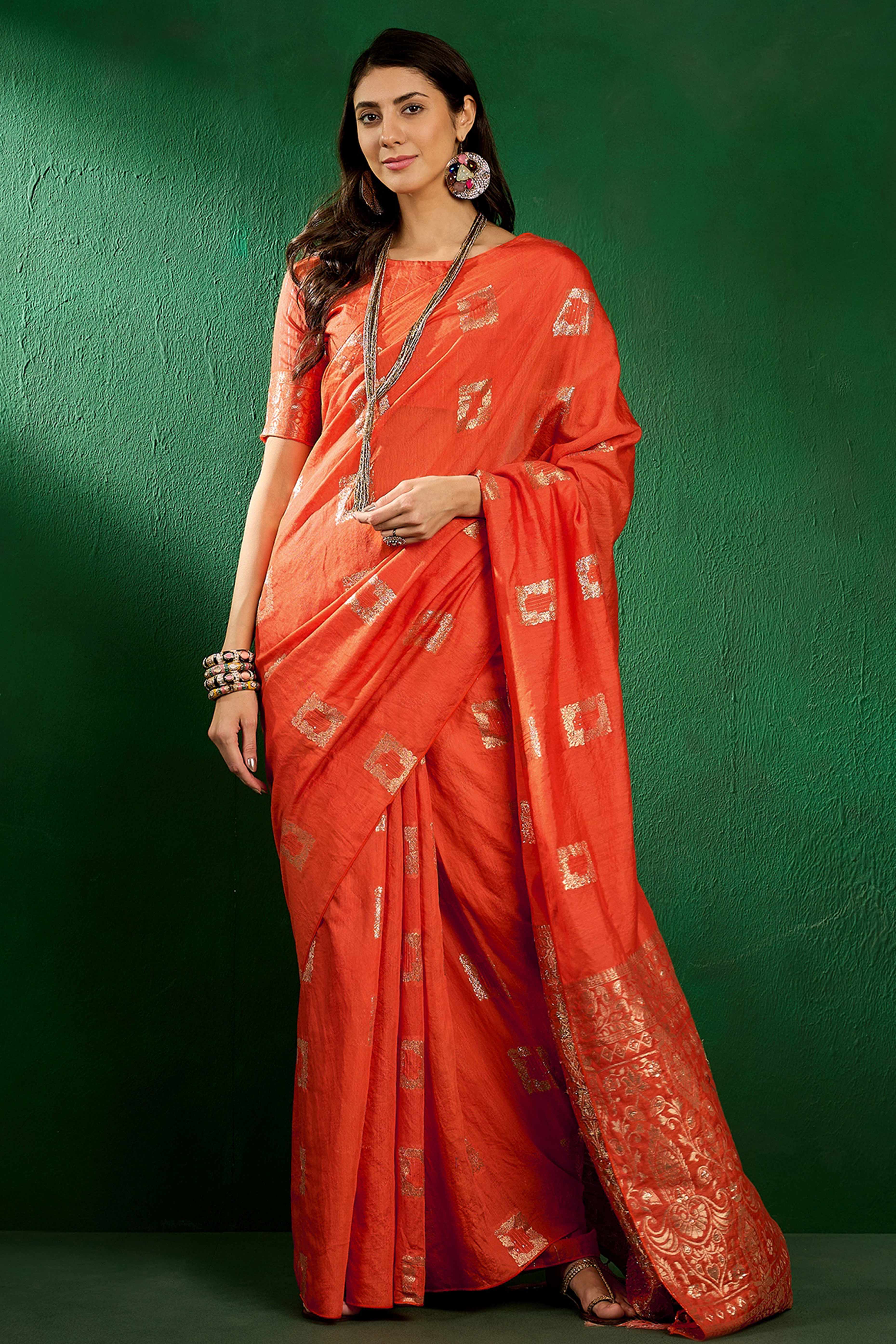 Orange Woven Staple Cotton Blend Saree With Intricate Floral Motifs & Tassel-Embellished Pallu