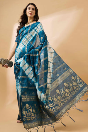 Blue Floral Woven Staple Cotton Blend Saree Highlighted With Sequins Embroidery & Tasselled Pallu