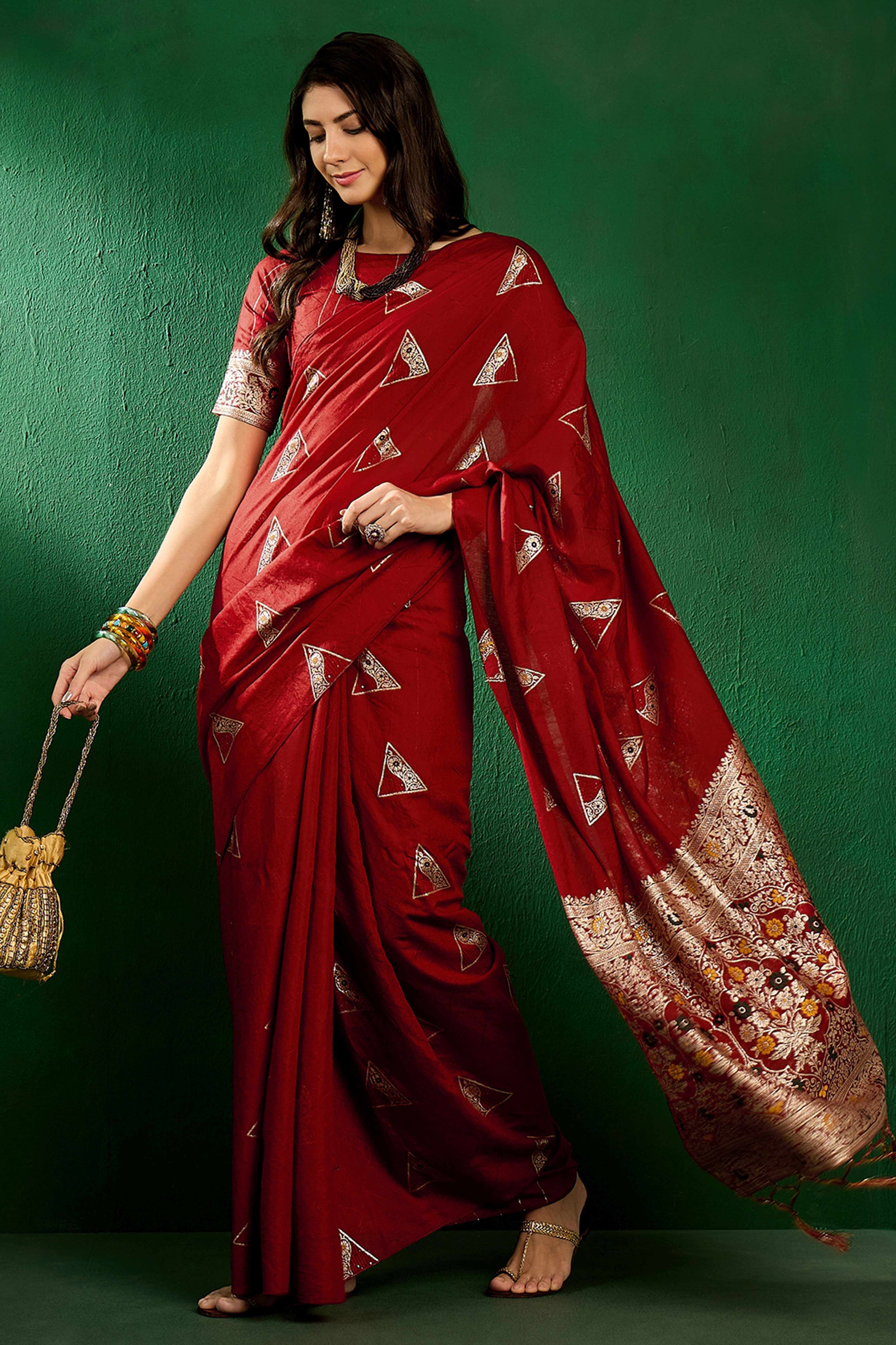 Maroon Floral Woven Staple Cotton Blend Saree With Sparkling Sequin Embroidery & Graceful Tassel Pallu