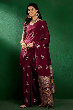 Wine Floral Woven Staple Cotton Blend Saree With Sparkling Sequin Embroidery & Graceful Tassel Pallu