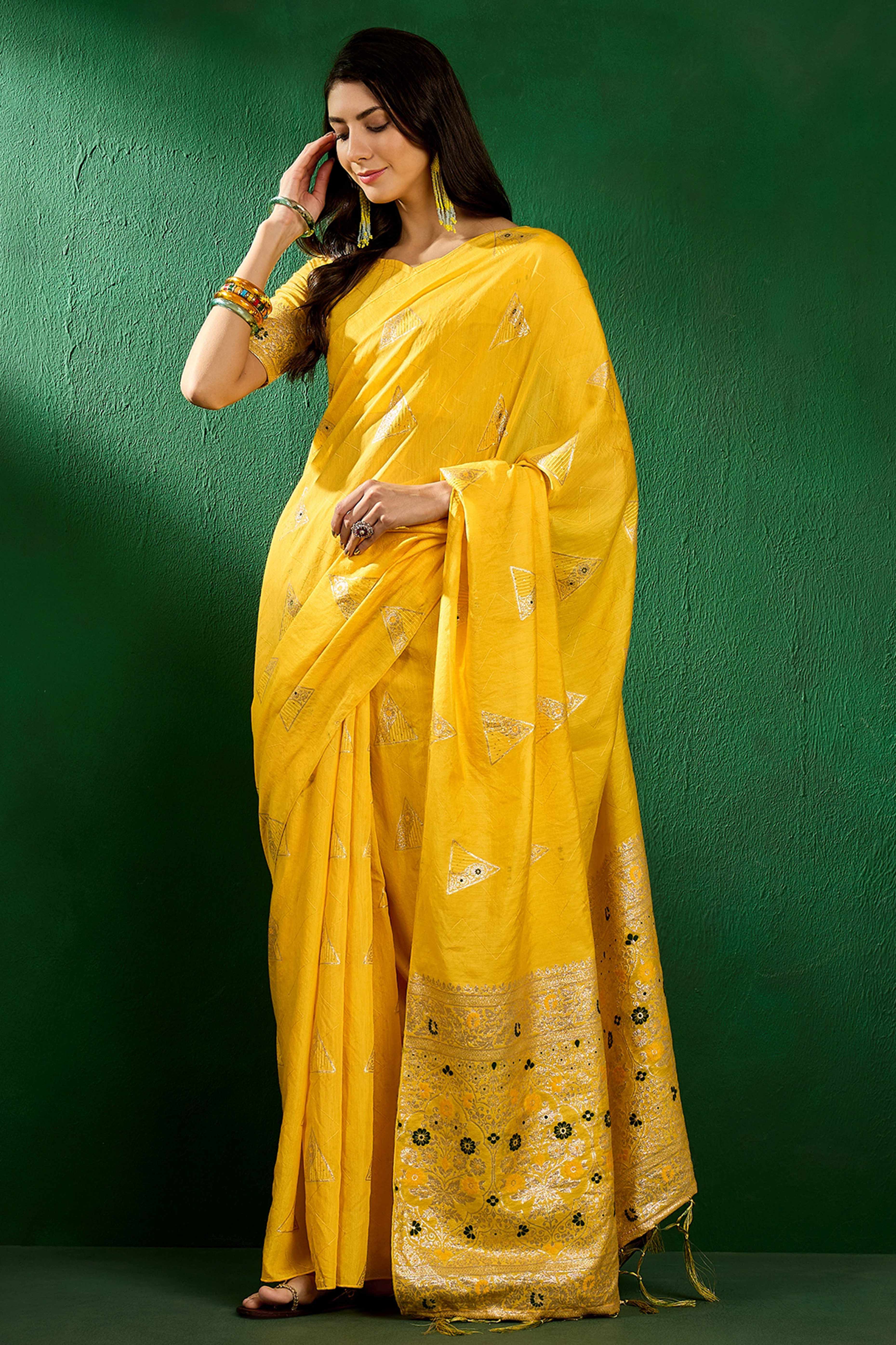 Yellow Floral Woven Staple Cotton Blend Saree With Sparkling Sequin Embroidery & Graceful Tassel Pallu