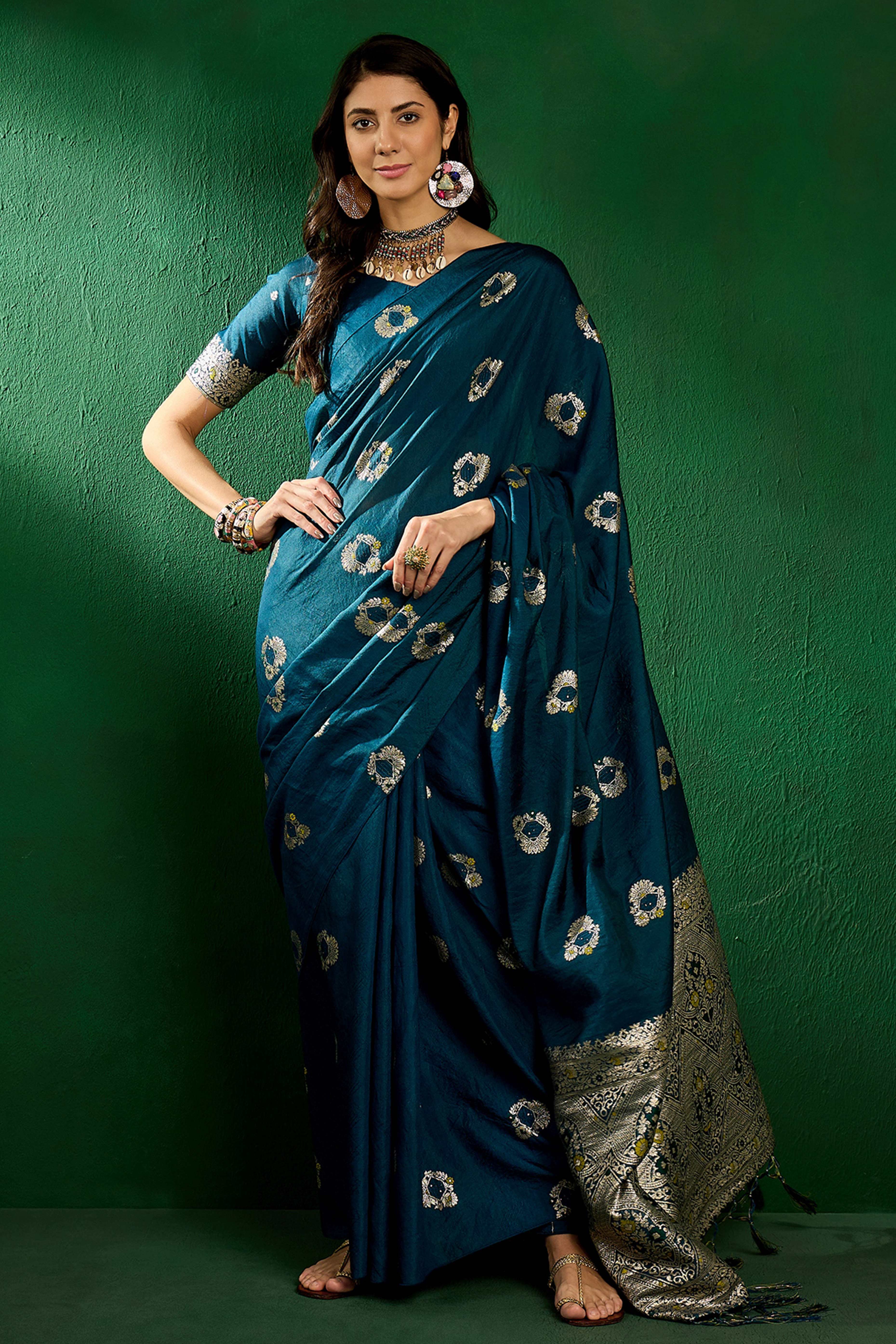 Morpich Blue Cotton Blend Meena Jacquard Saree Enhanced With Floral Weaving & Tassel Pallu