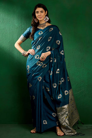Morpich Blue Cotton Blend Meena Jacquard Saree Enhanced With Floral Weaving & Tassel Pallu
