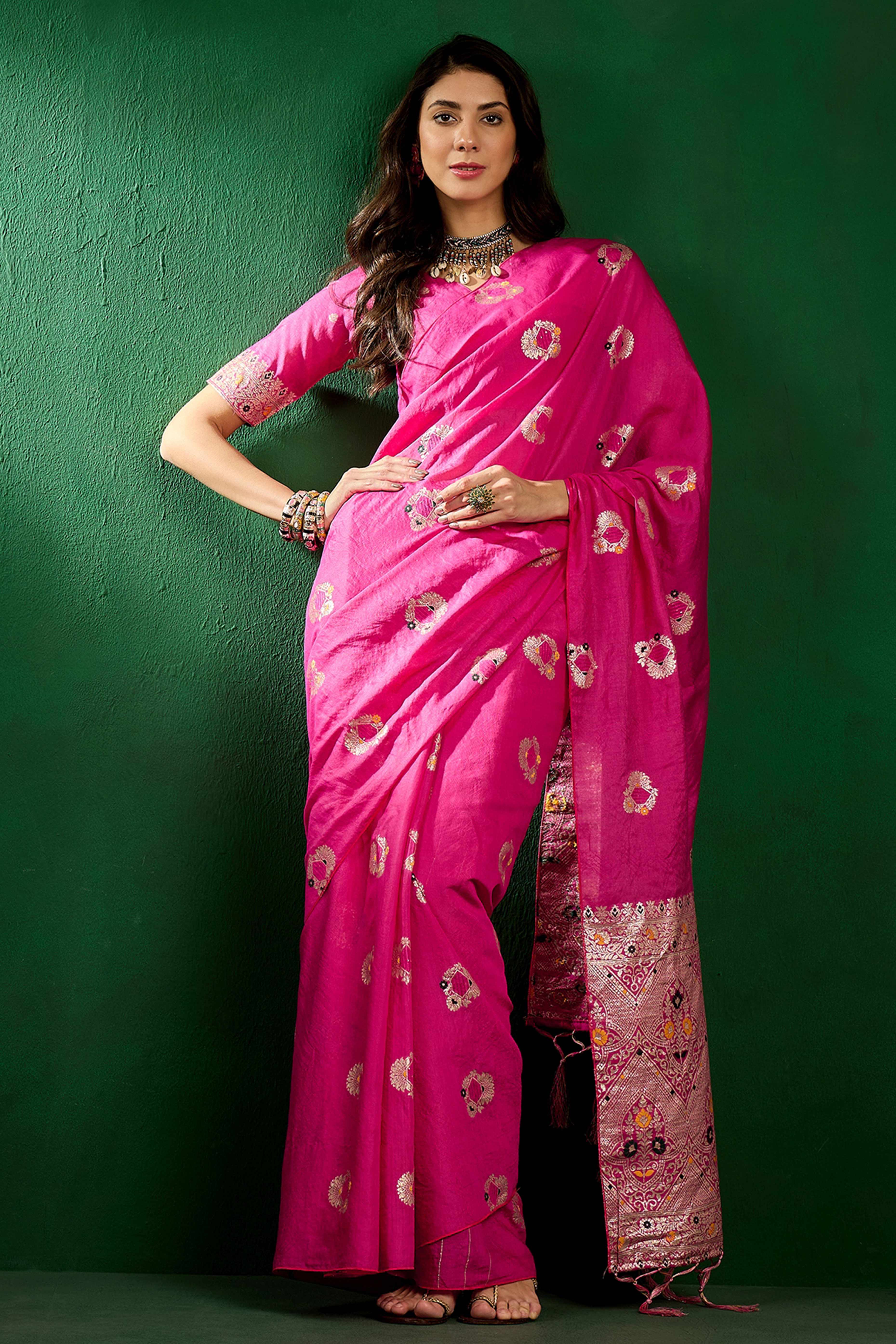 Pink Cotton Blend Meena Jacquard Saree Enhanced With Floral Weaving & Graceful Tassel Pallu