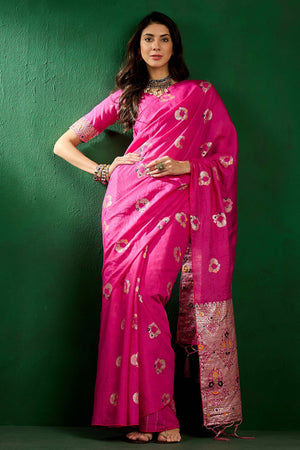 Pink Cotton Blend Meena Jacquard Saree Enhanced With Floral Weaving & Graceful Tassel Pallu