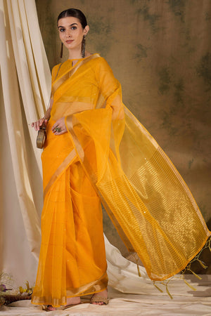 Yellow Organza Silk Saree Featuring Shimmering Sequins Embroidery & Elegant Tasselled Pallu