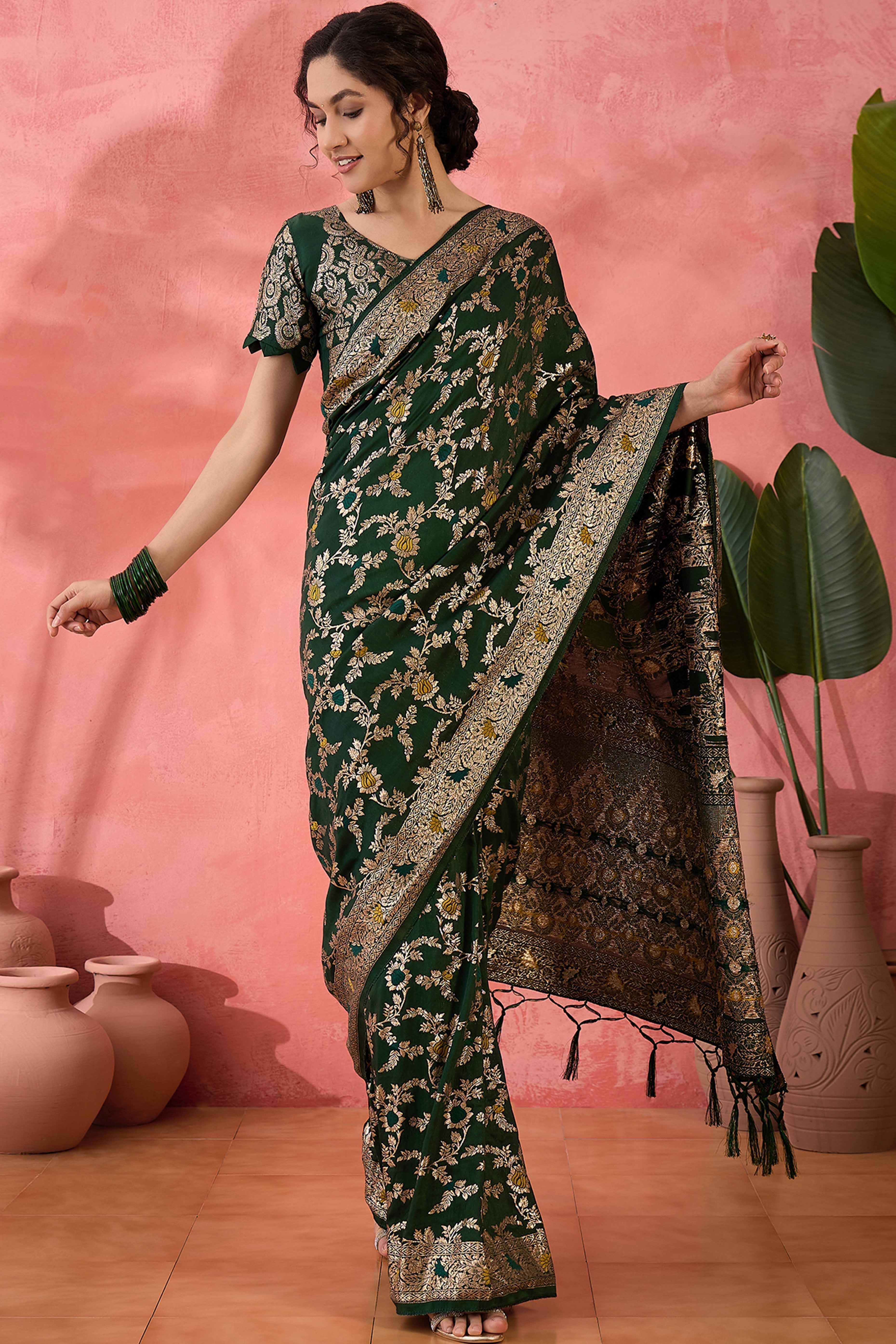 Green Cotton Meena Jacquard Saree Featuring Intricate Floral Weaving & Tassels On The Pallu
