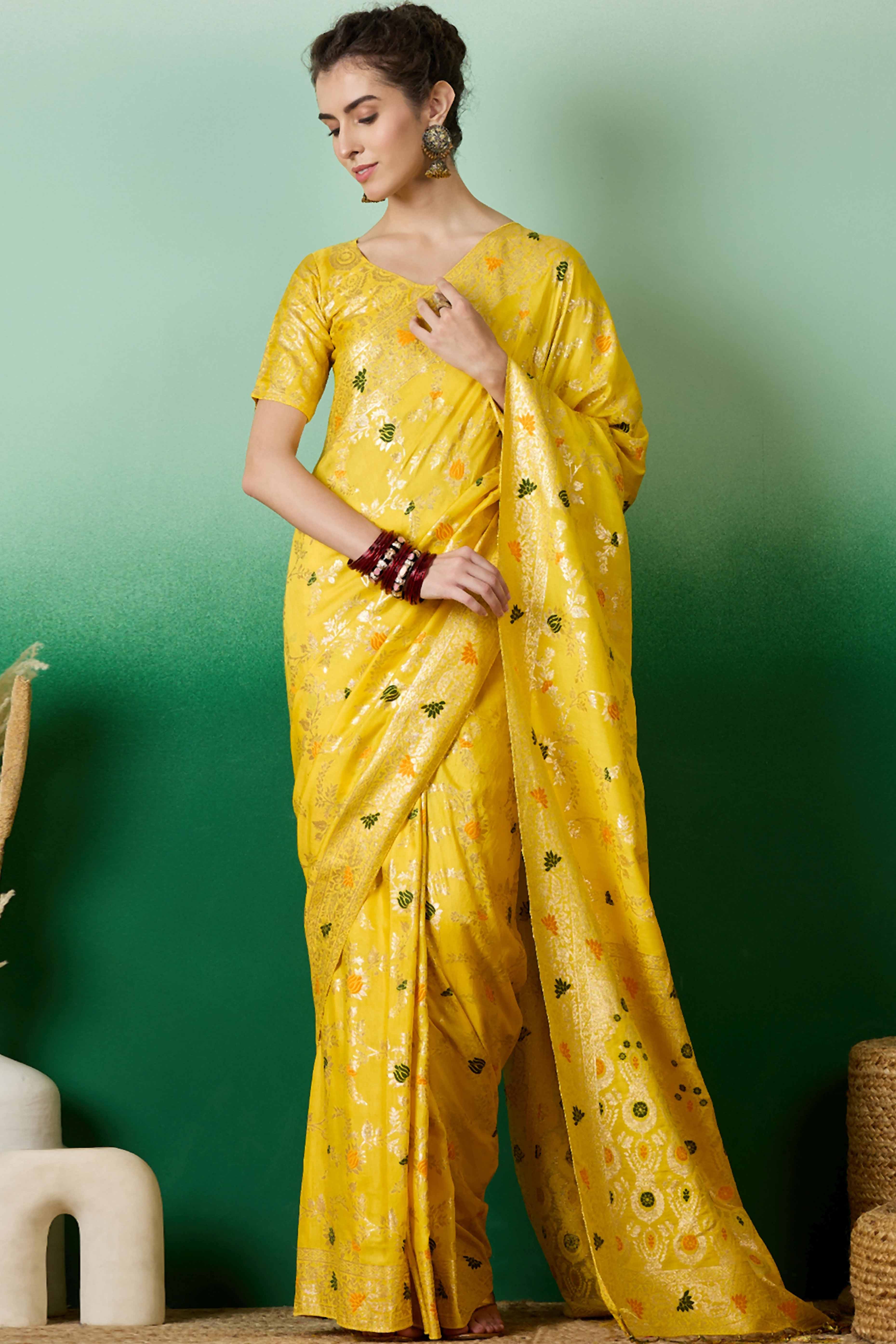 Yellow Cotton Meena jacquard Saree Featuring Intricate Floral Weaving & Tassels On The Pallu