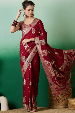 Maroon Cotton Blend Saree Adorned With Floral Zari Weaving & Soft Tassel Accents