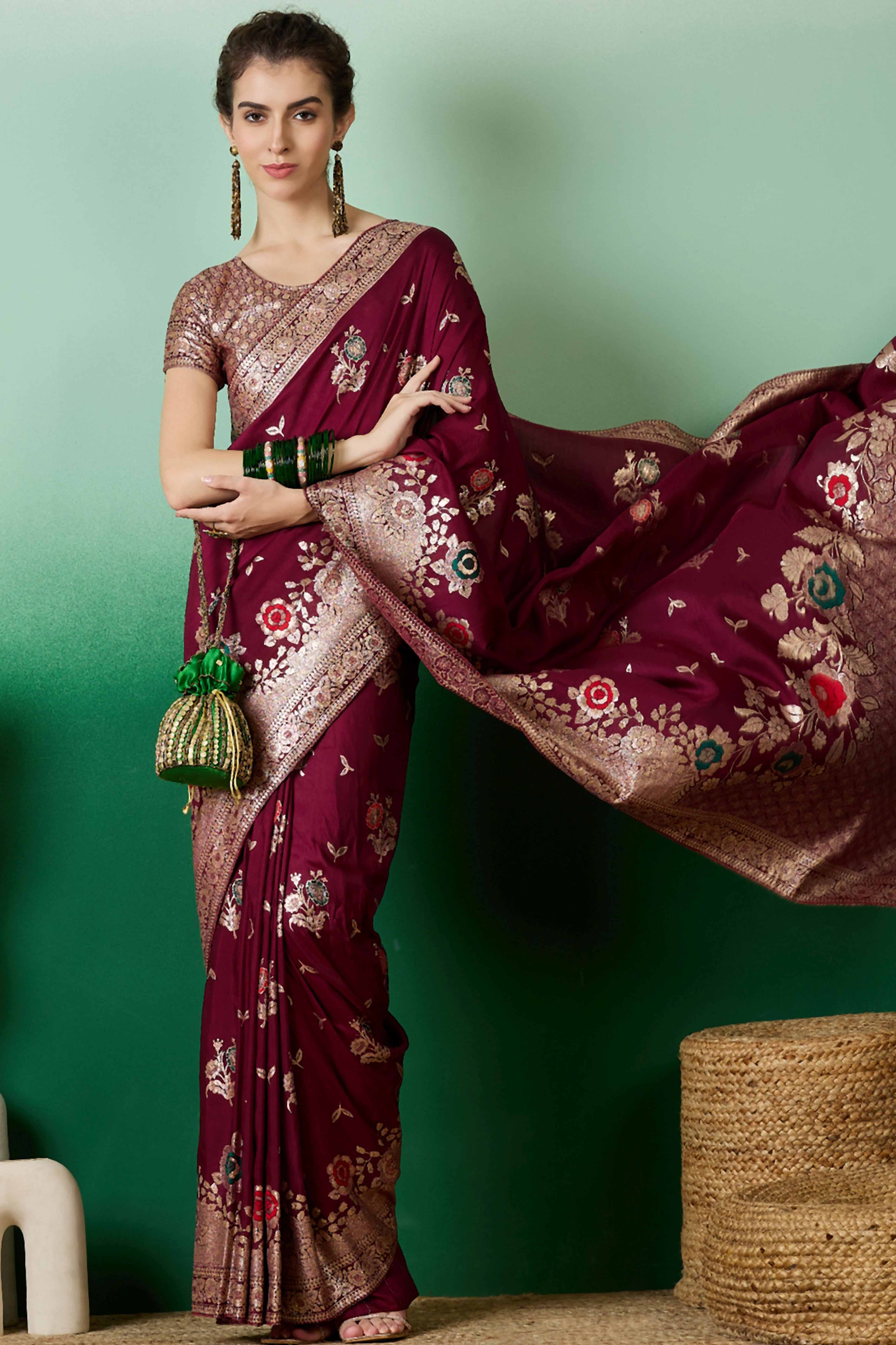 Burgundy Cotton Blend Saree Embellished With Floral Zari Weaving & Tasselled Pallu
