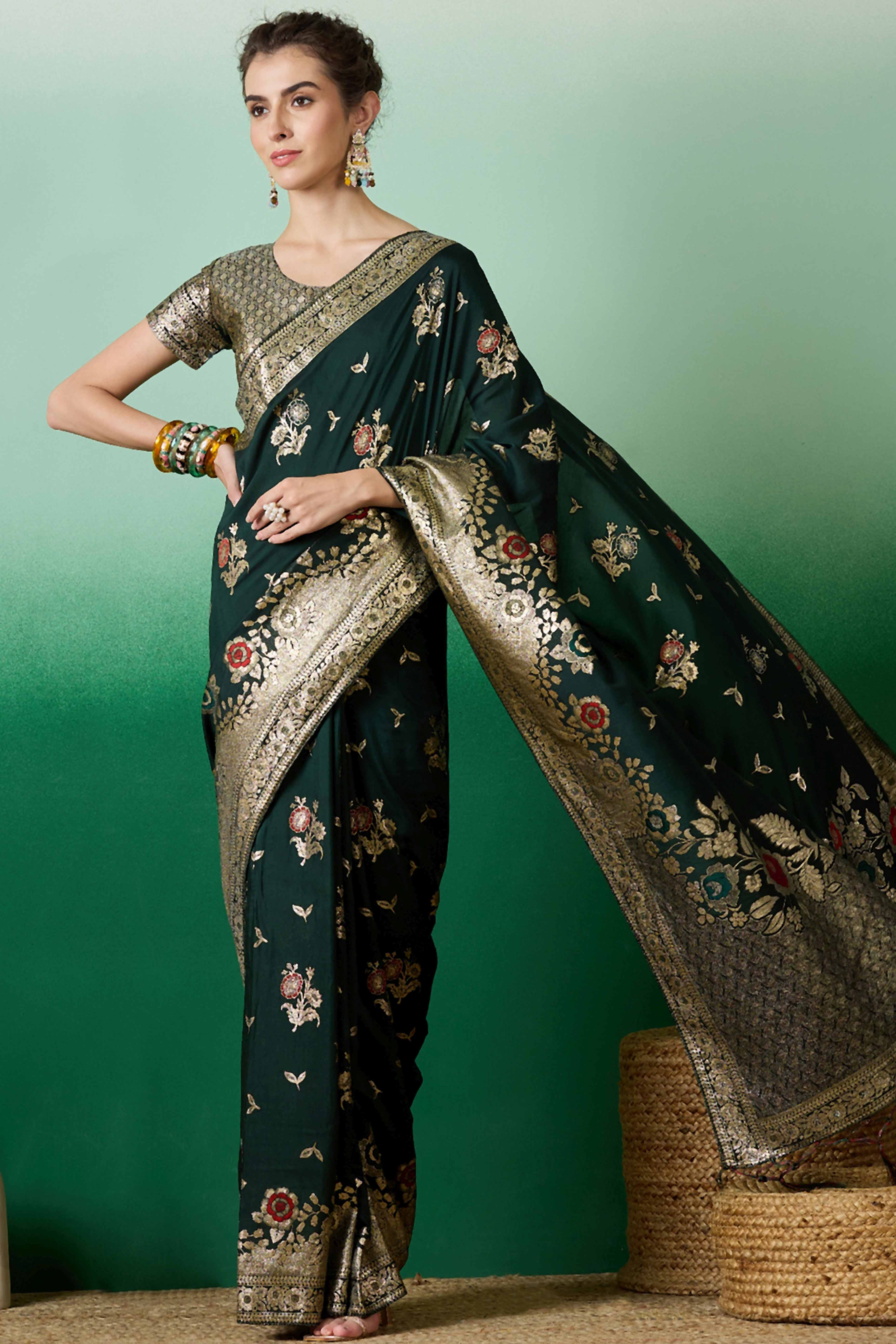 Green Cotton Blend Saree Embellished With Floral Zari Weaving & Tasselled Pallu