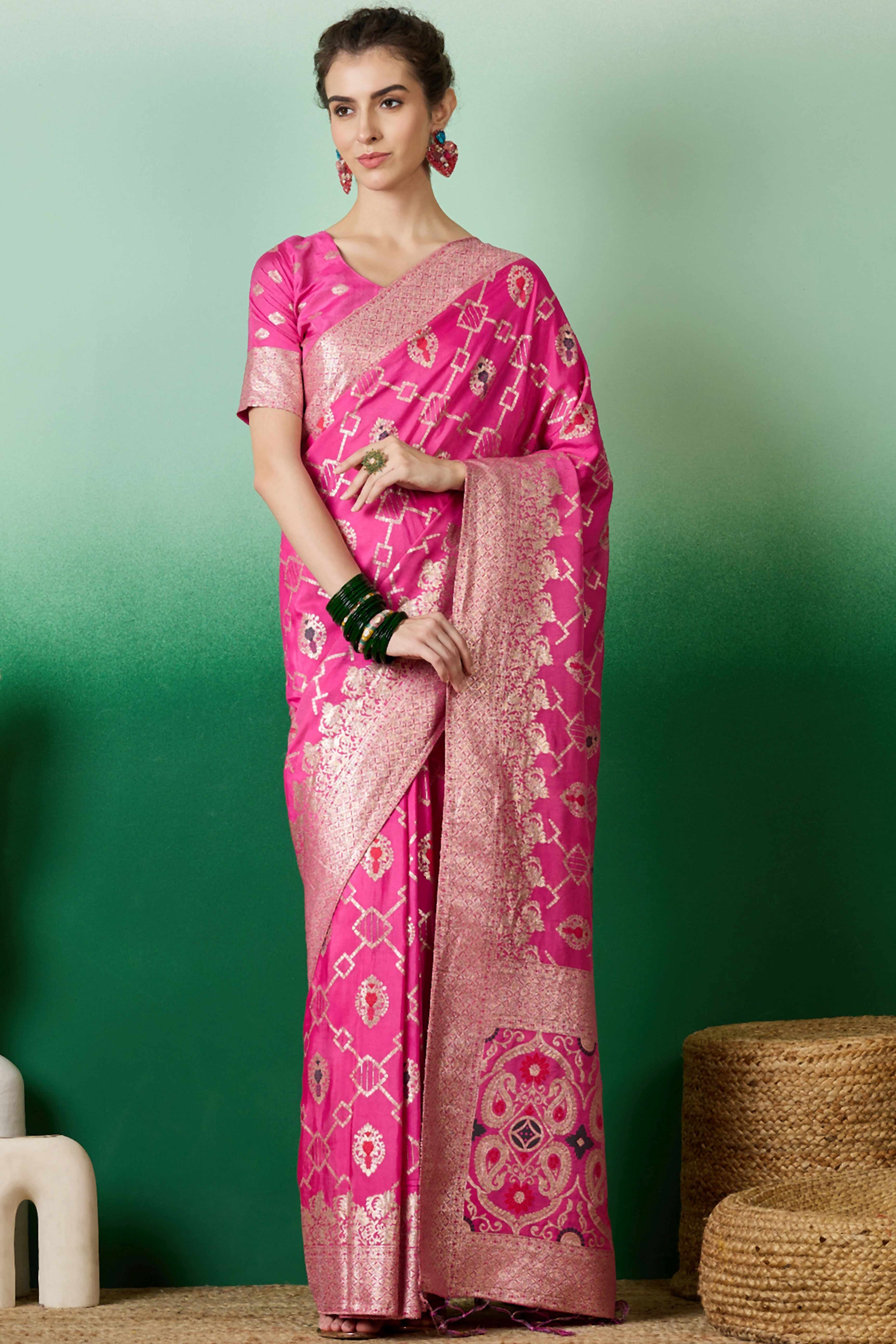Pink Zari Woven Staple Cotton Blend Saree With Floral Motifs & Tassel Detailed Pallu