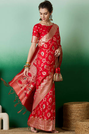 Red Zari Woven Staple Cotton Blend Saree With Floral Motifs & Tassel Detailed Pallu