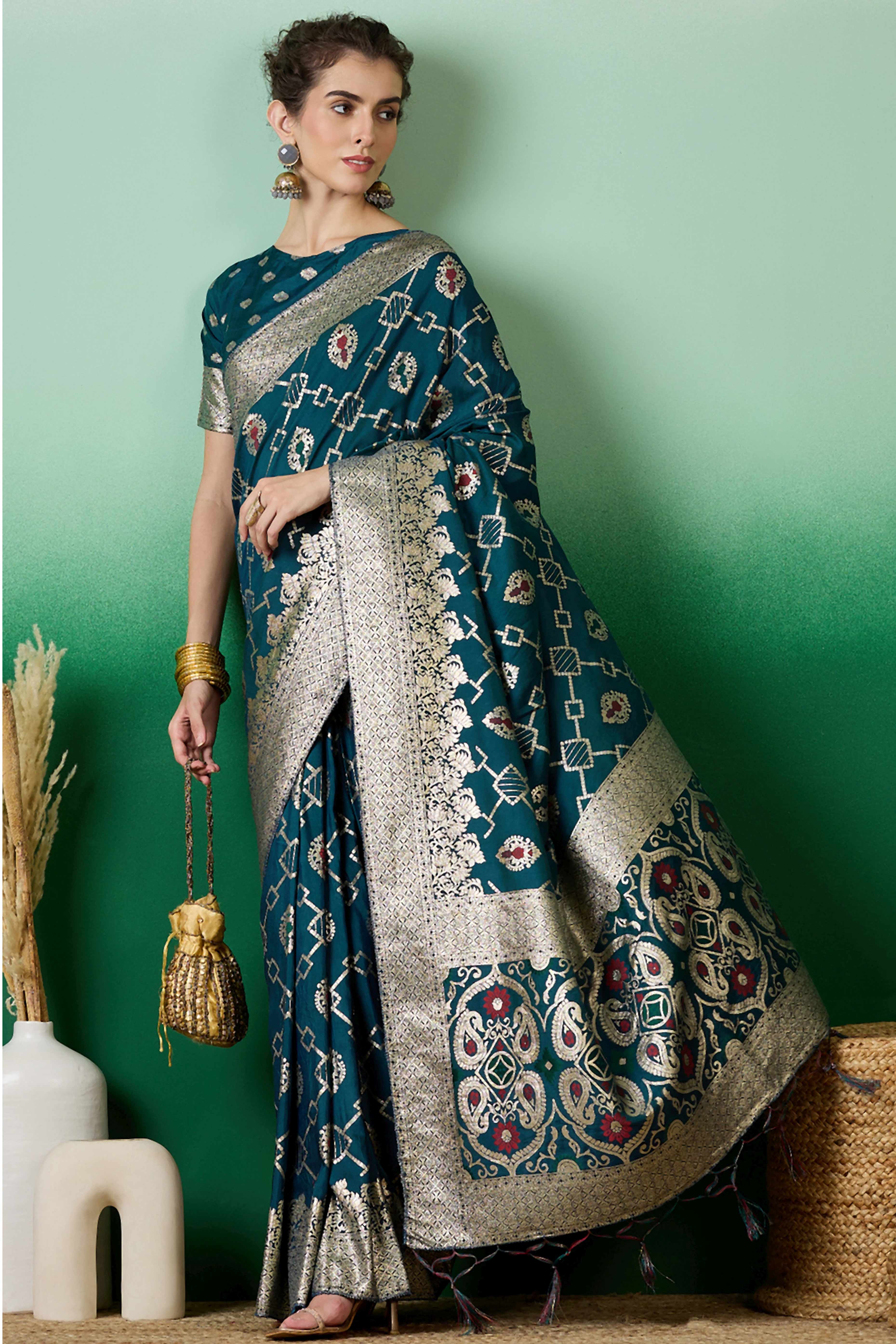 Teal Zari Woven Staple Cotton Blend Saree With Floral Motifs & Tassel Detailed Pallu