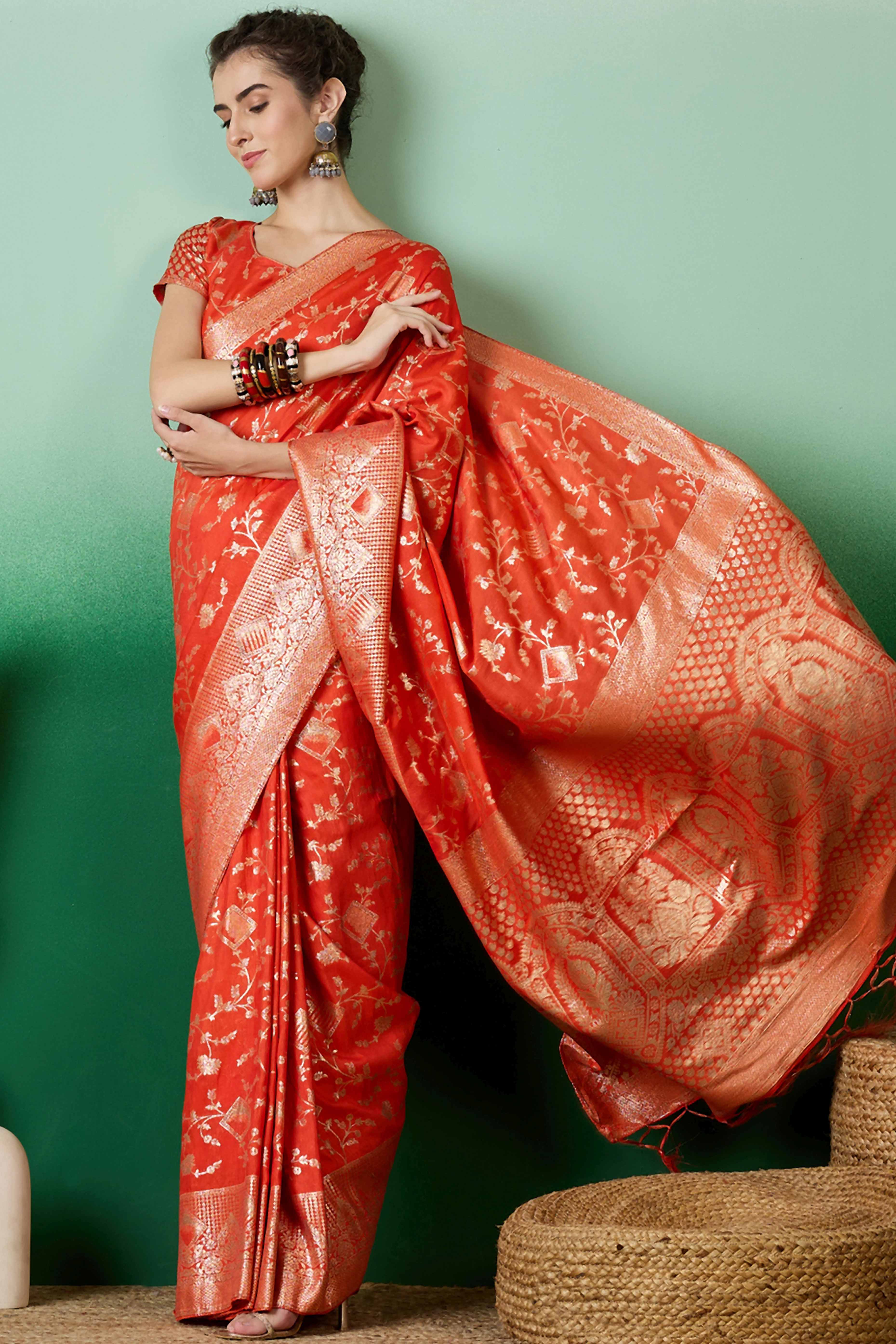 Orange Cotton Blend Saree With Intricate Floral Zari Weaving & Soft Tassel
