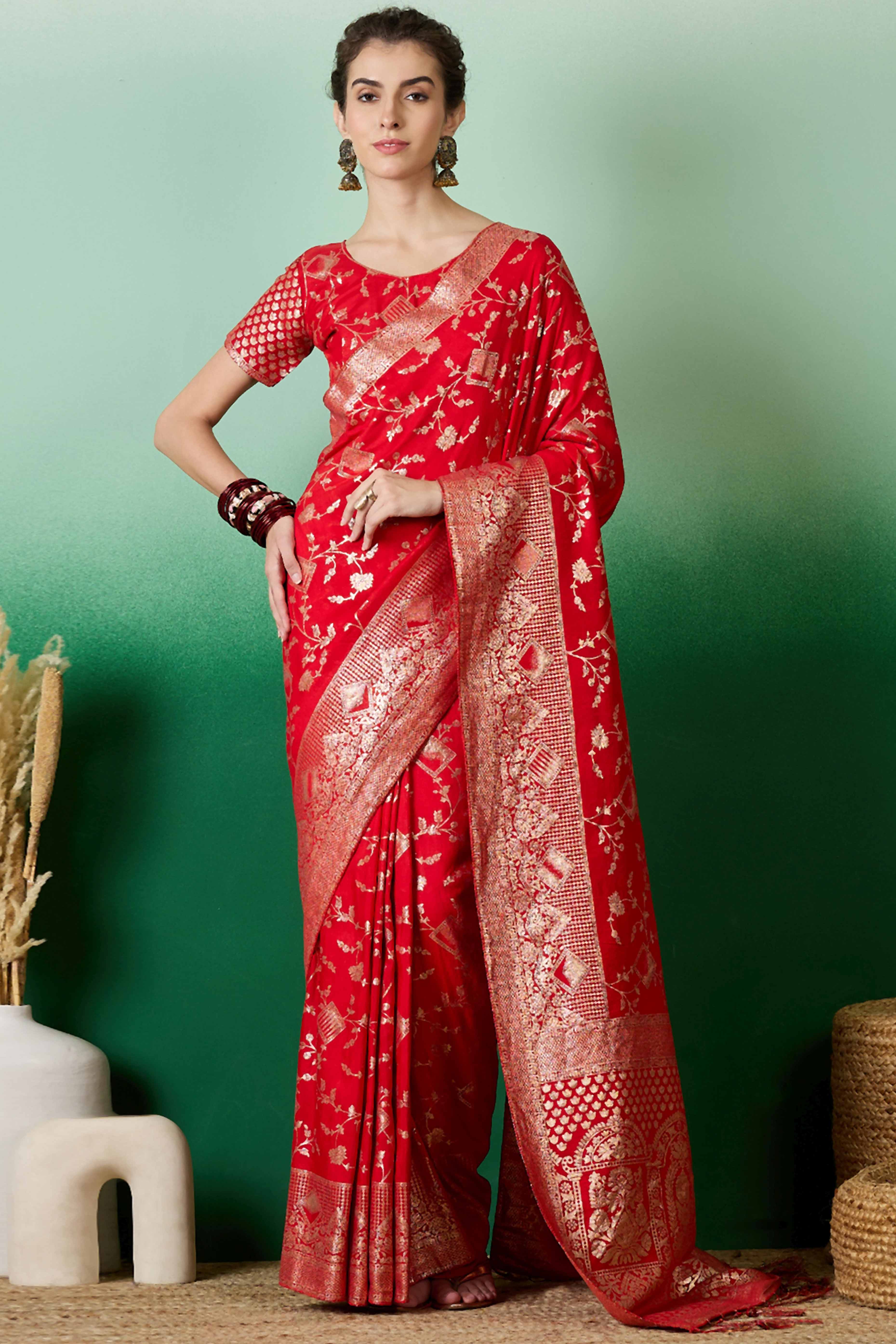 Red Cotton Blend Saree With Intricate Floral Zari Weaving & Soft Tassel