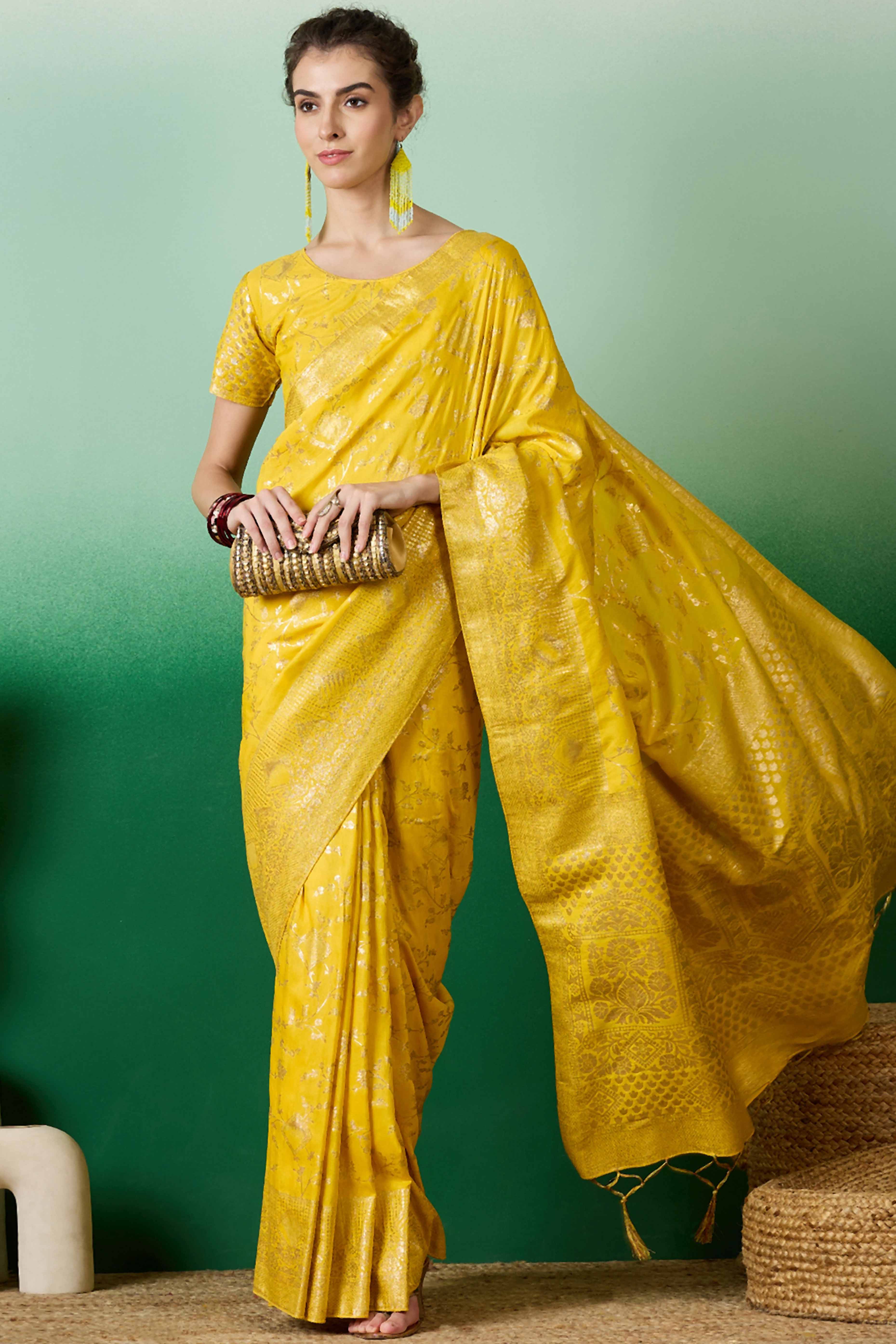 Yellow Cotton Blend Saree With Intricate Floral Zari Weaving & Soft Tassel