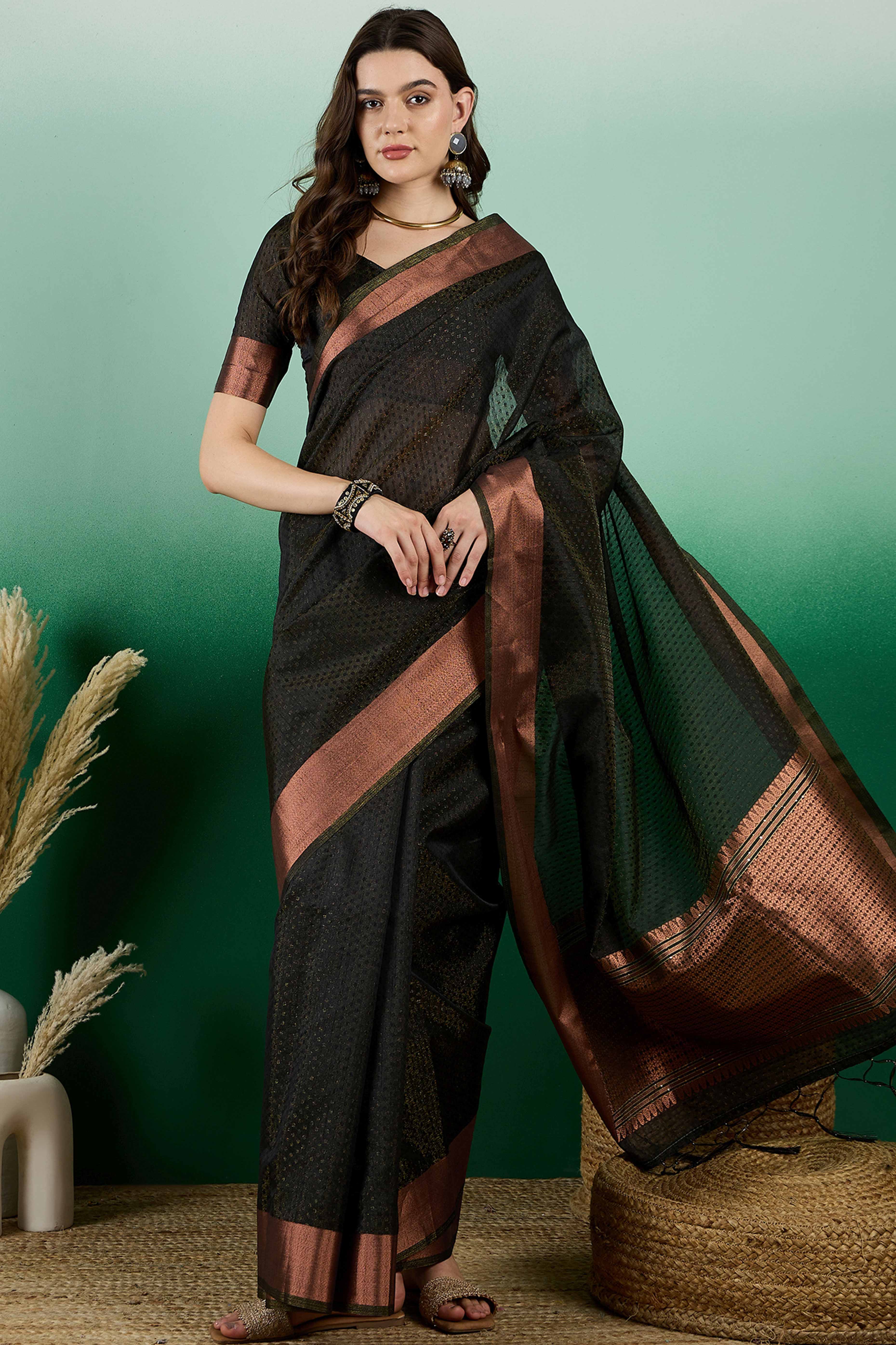 Black Khadi Organza Saree Intricate Weaving & Sparkling Sequins with Tassel Pallu