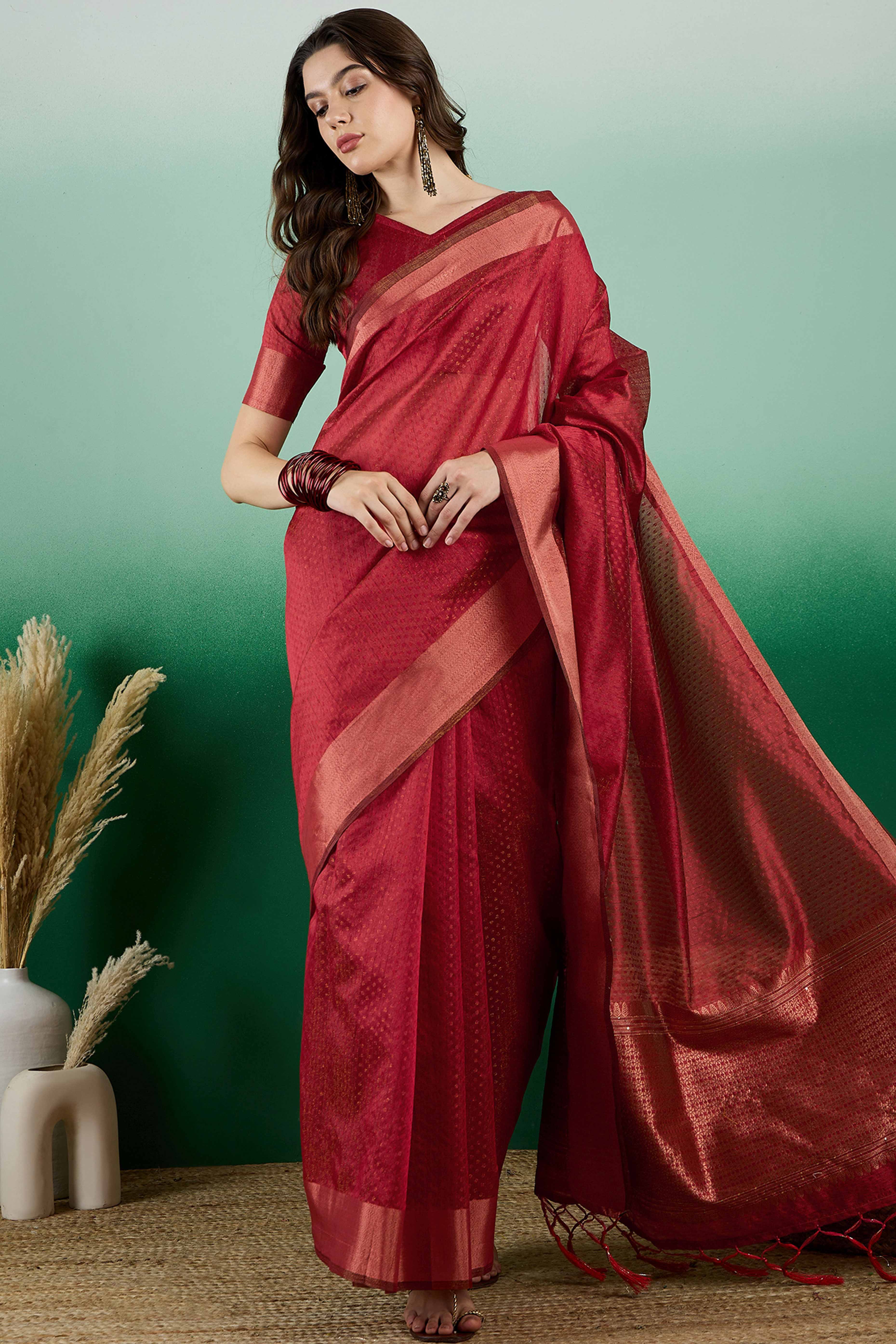 Dark Red Khadi Organza Saree Intricate Weaving & Sparkling Sequins with Tassel Pallu