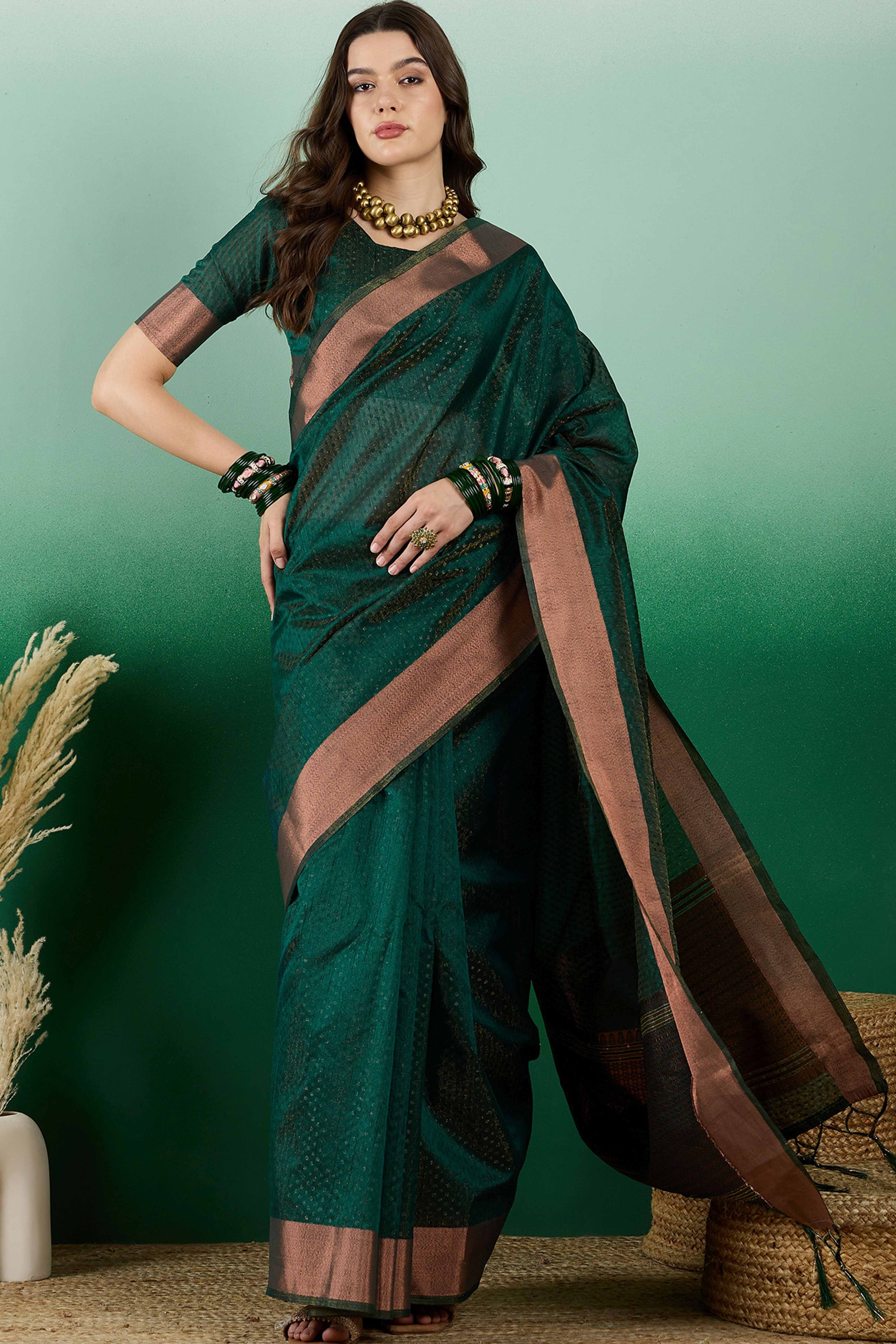 Green Khadi Organza Saree Intricate Weaving & Sparkling Sequins with Tassel Pallu
