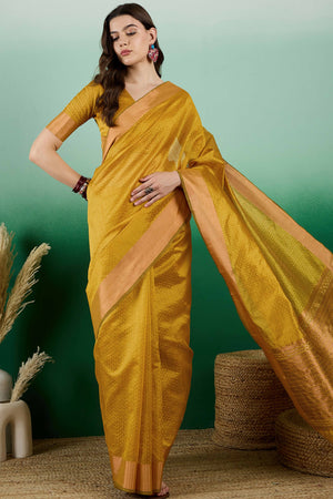 Mustard Khadi Organza Saree Intricate Weaving & Sparkling Sequins with Tassel Pallu