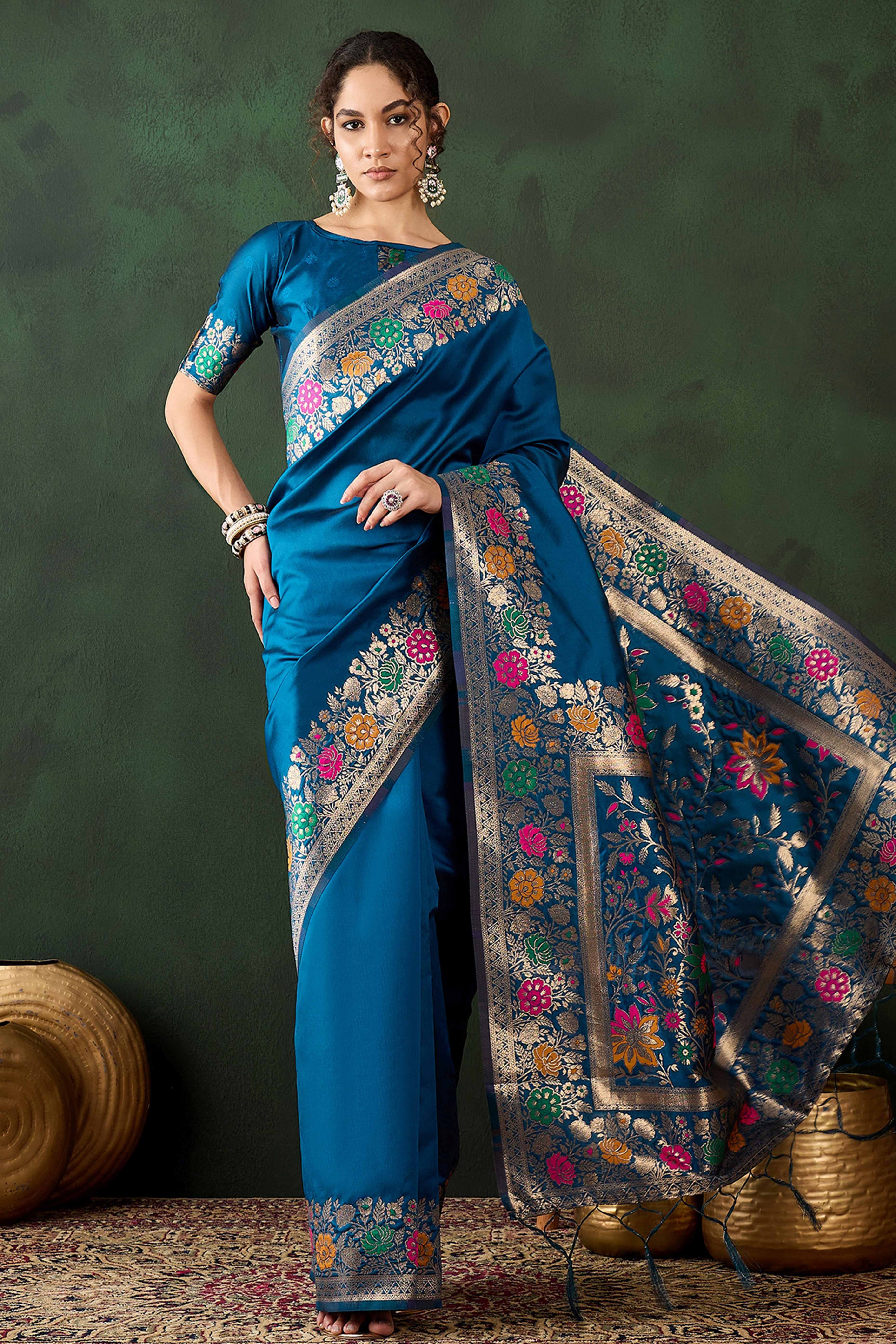 Blue Saree In Poly Silk Blend Featuring Floral Zari Weaving & Tassel Accents