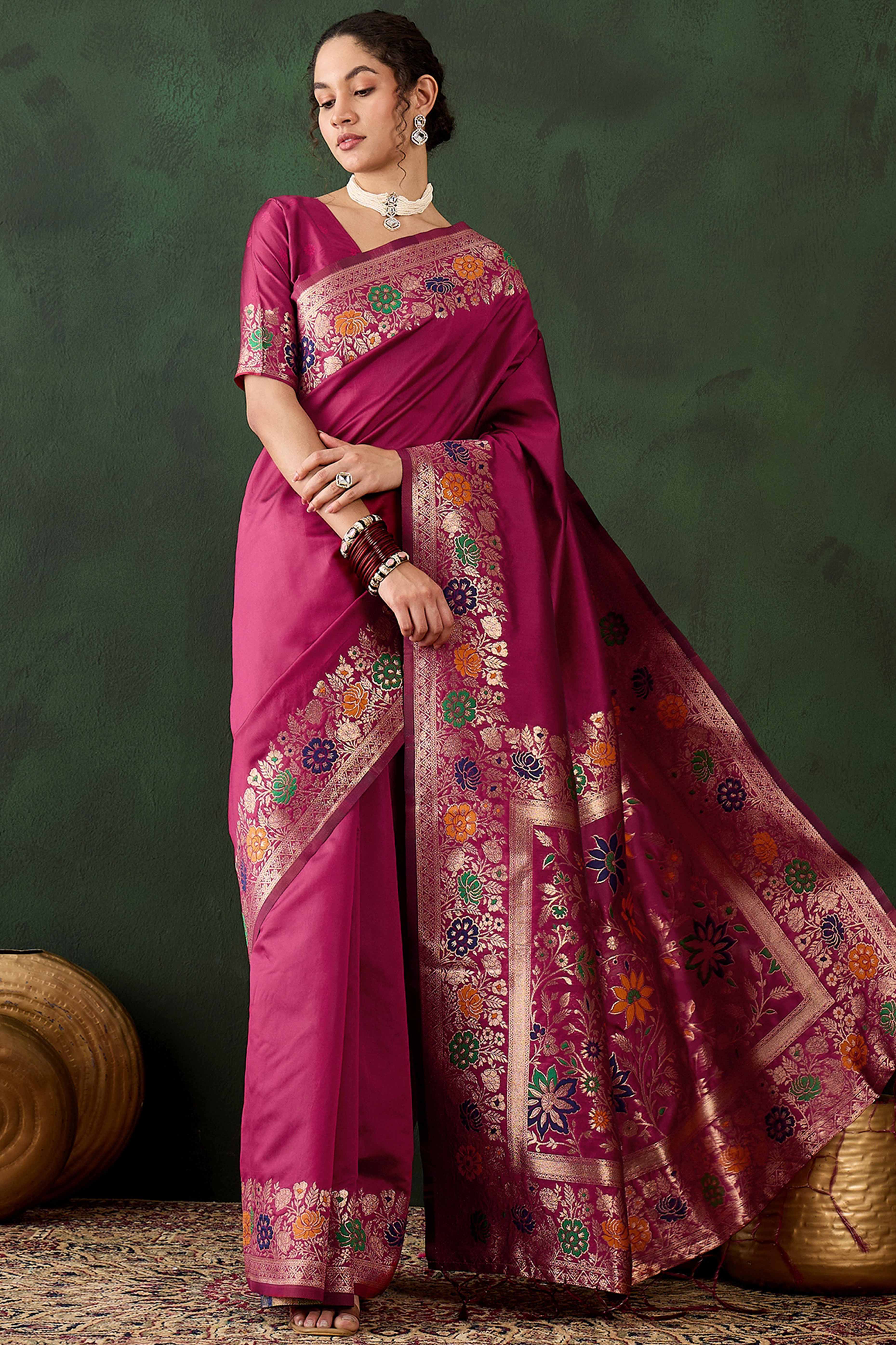 Pink Saree In Poly Silk Blend Featuring Floral Zari Weaving & Tassel Accents