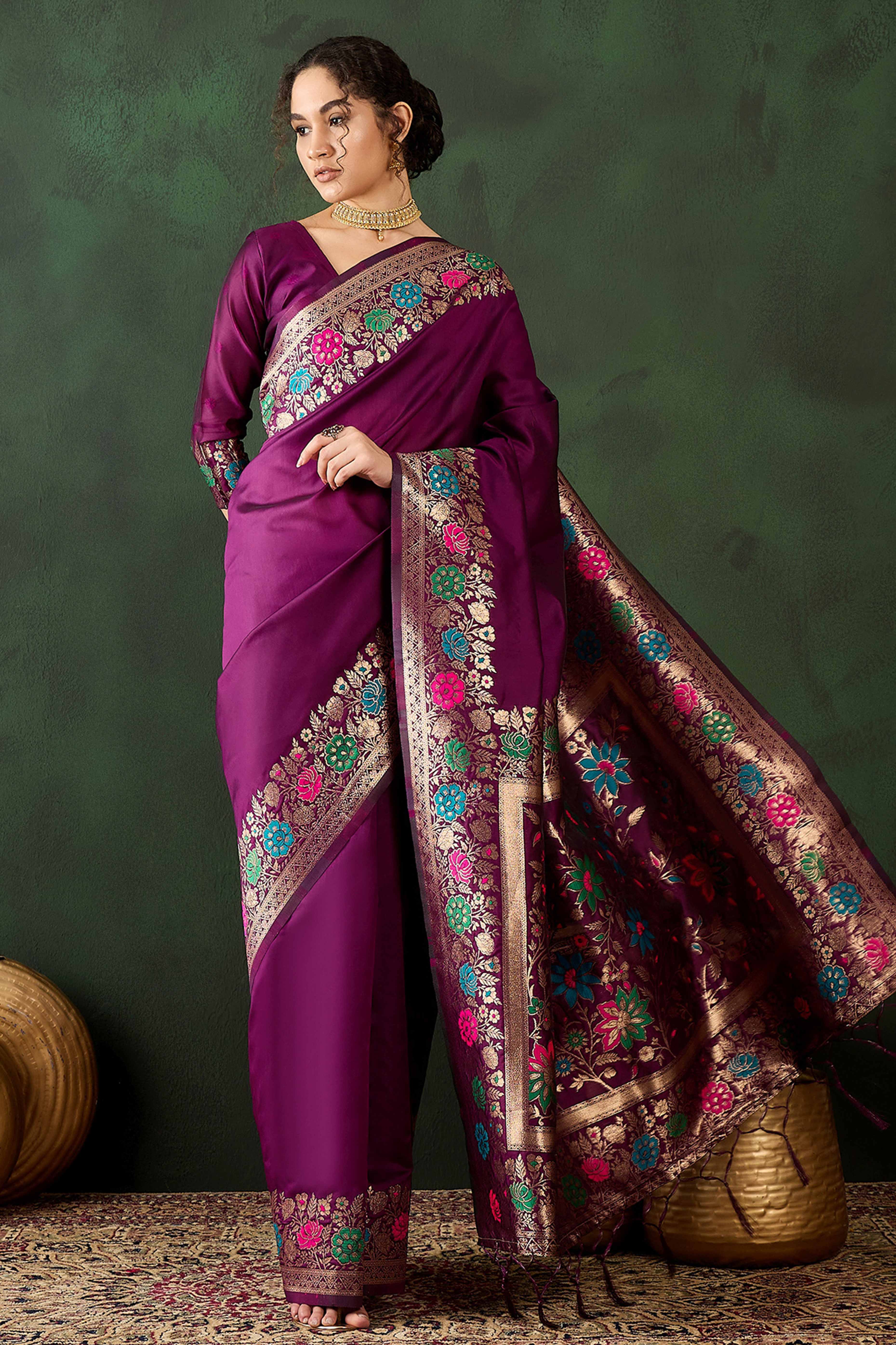 Purple Saree In Poly Silk Blend Featuring Floral Zari Weaving & Tassel Accents