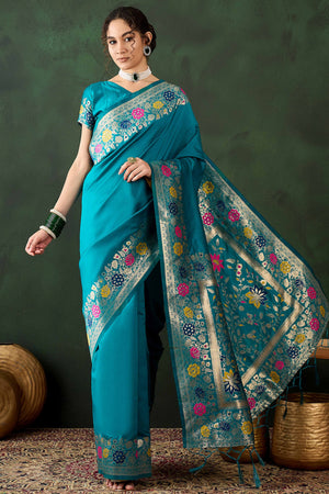 Rama Blue Saree In Poly Silk Blend Featuring Floral Zari Weaving & Tassel Accents