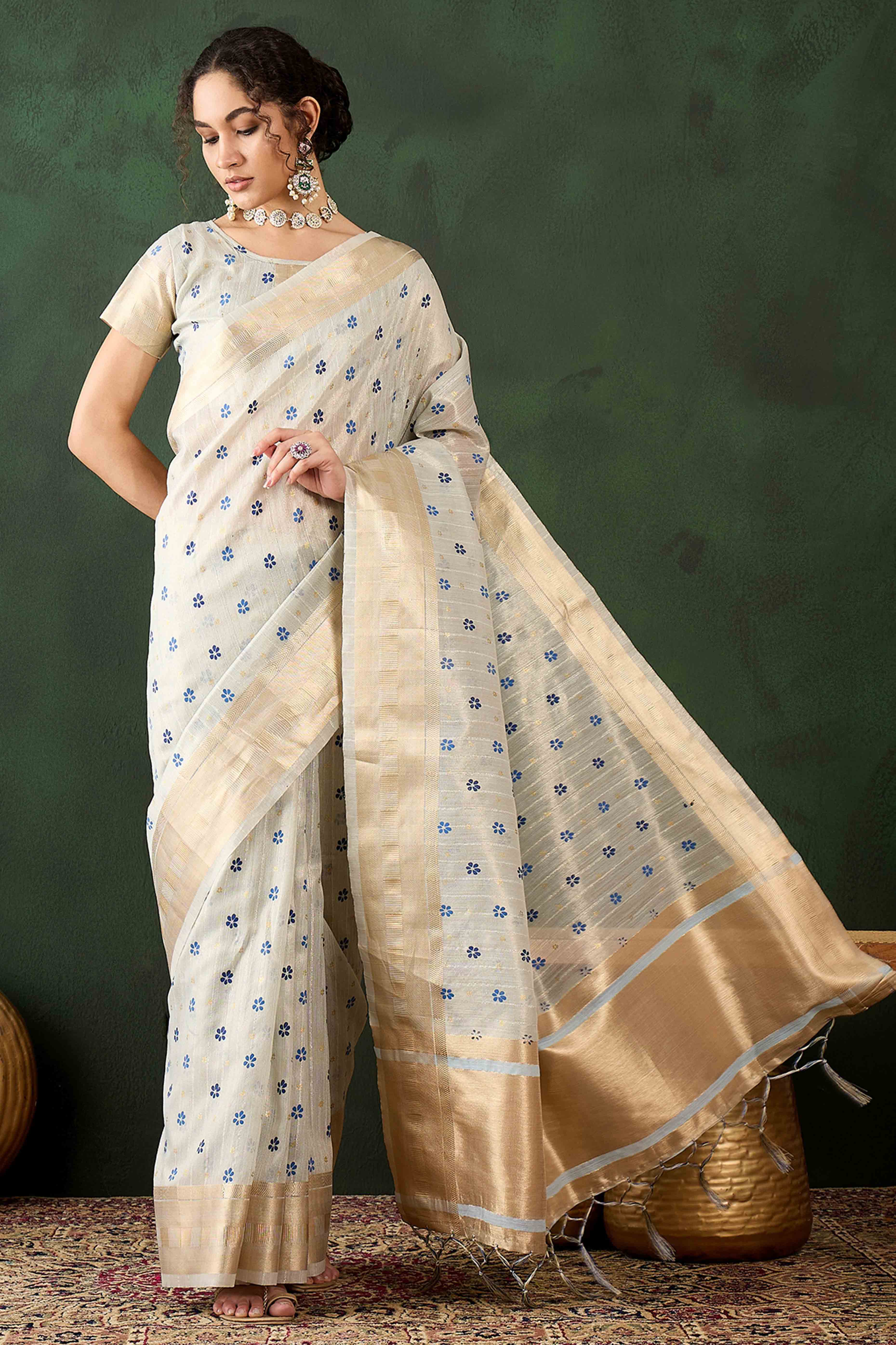 Blue Saree In Khadi Organza Featuring Floral Prints & Intricate Weaving