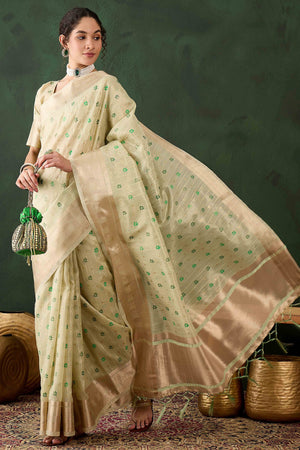 Green Saree In Khadi Organza Featuring Floral Prints & Intricate Weaving