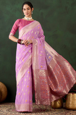 Lavender Cotton Blend Saree Adorned With Intricate Floral Zari Weaving & A Stylish Tassel Pallu