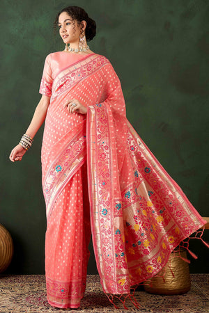 Peach Floral Zari Weaving On Orange Poly Cotton Saree With Tasselled Borders