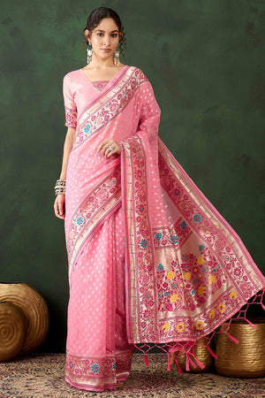Pink Floral Zari Weaving On Orange Poly Cotton Saree With Tasselled Borders