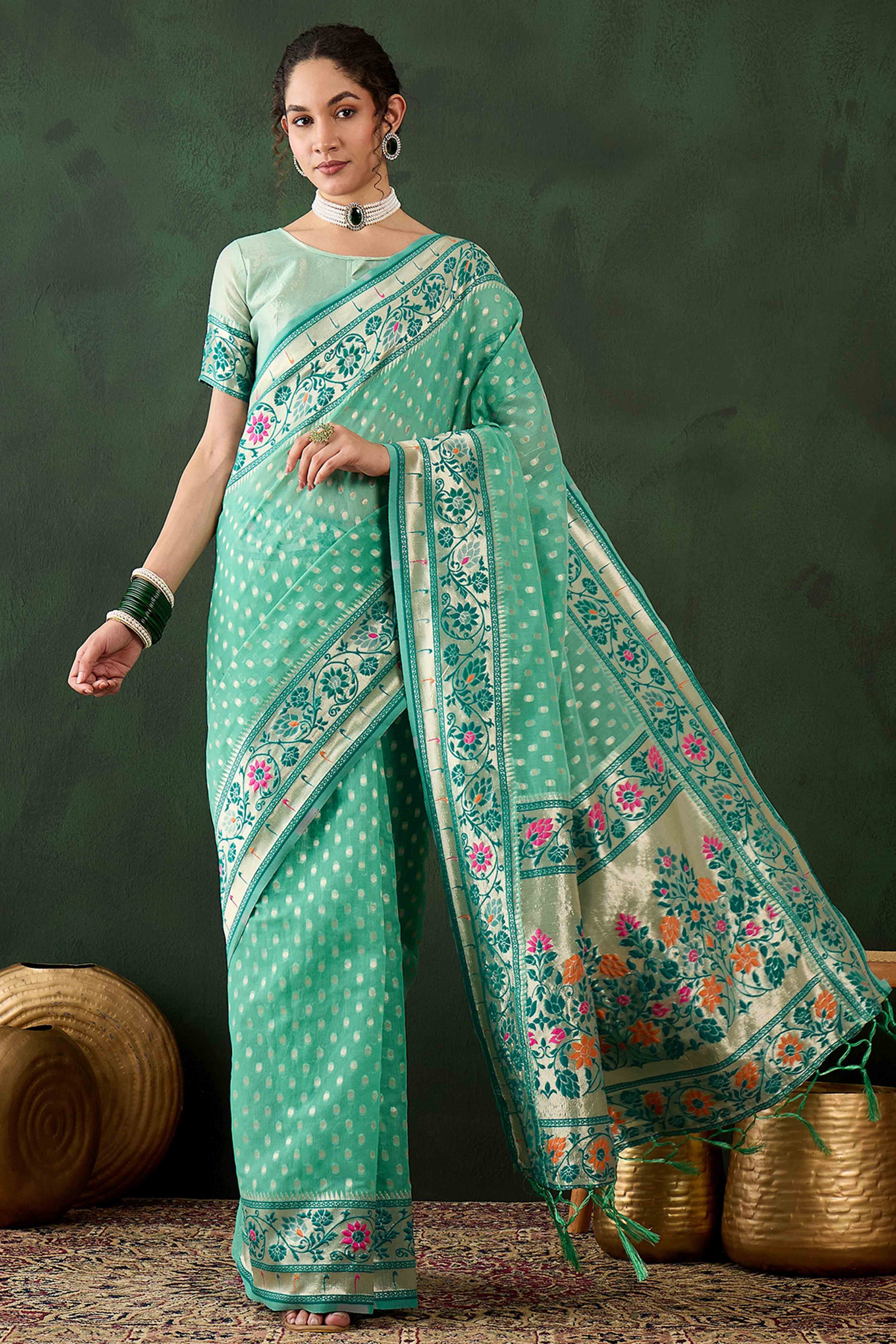 Sea Green Floral Zari Weaving On Orange Poly Cotton Saree With Tasselled Borders
